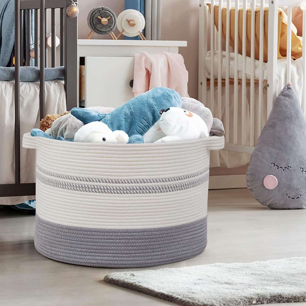 OIAHOMY 20x20x13 Inches Cotton Rope Storage Basket with Handles - Woven Laundry Basket, Blanket Organizer, Baby Toy Bin - Perfect for Nursery, Bathroom & Home Organization