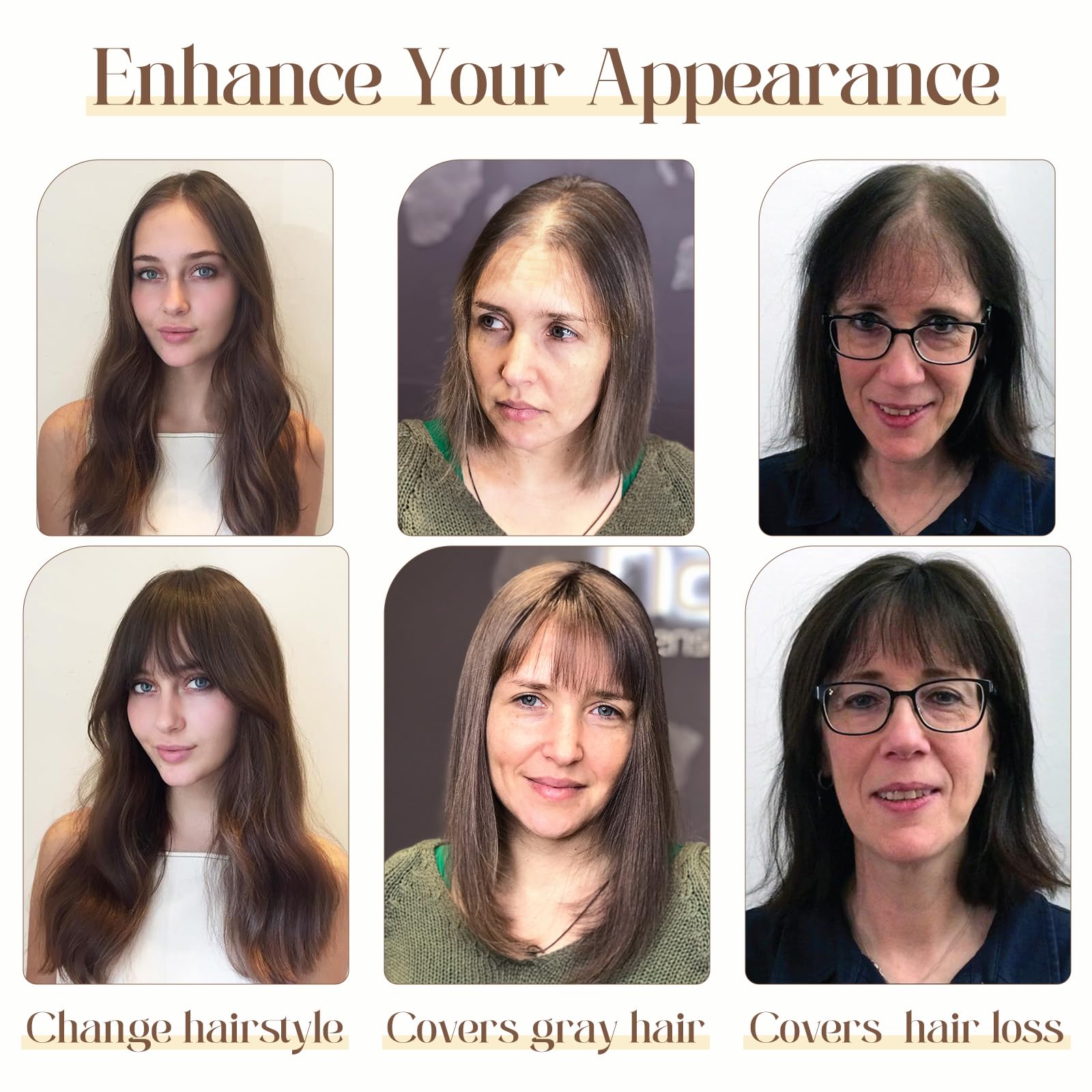 100% Human Hair Toppers for Women with Bangs - 6 Inch Brown Remy Hair Clip-In Topper for Thinning Hair | Natural Look for Daily Wear, Parties & Special Occasions