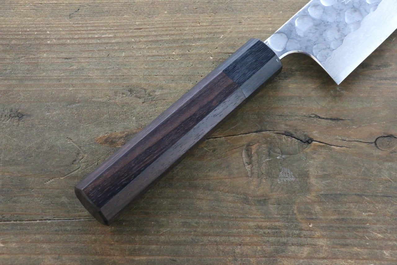 Premium Seisuke Blue Steel No.2 Hammered Damascus Santoku Knife 180mm - Japanese Chef Knife with Shitan Handle - Perfect for Slicing, Dicing & Chopping Vegetables, Meat & Fish