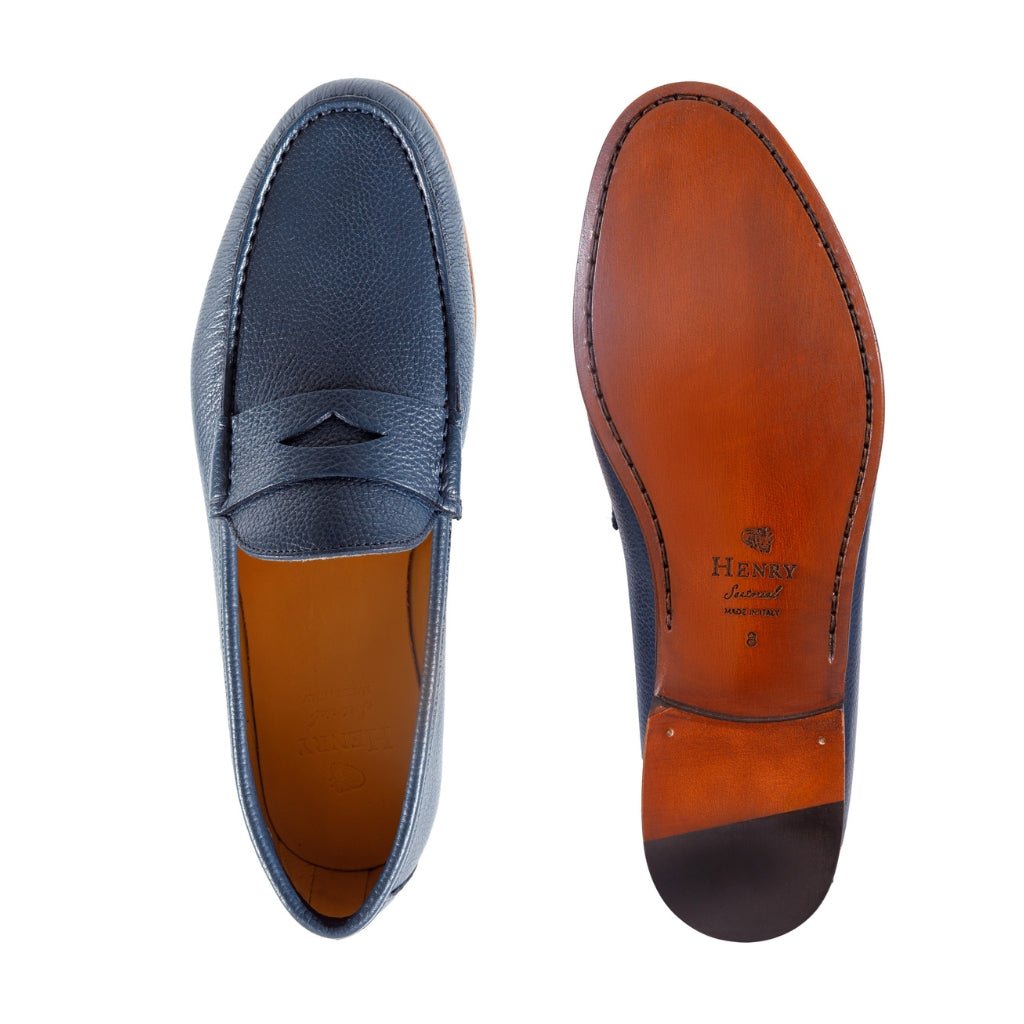 HENRY SARTORIAL Genuine Calf Leather Penny Loafers for Men - Navy Blue Classic Slip-On Dress Shoes - Perfect for Business, Office & Formal Occasions