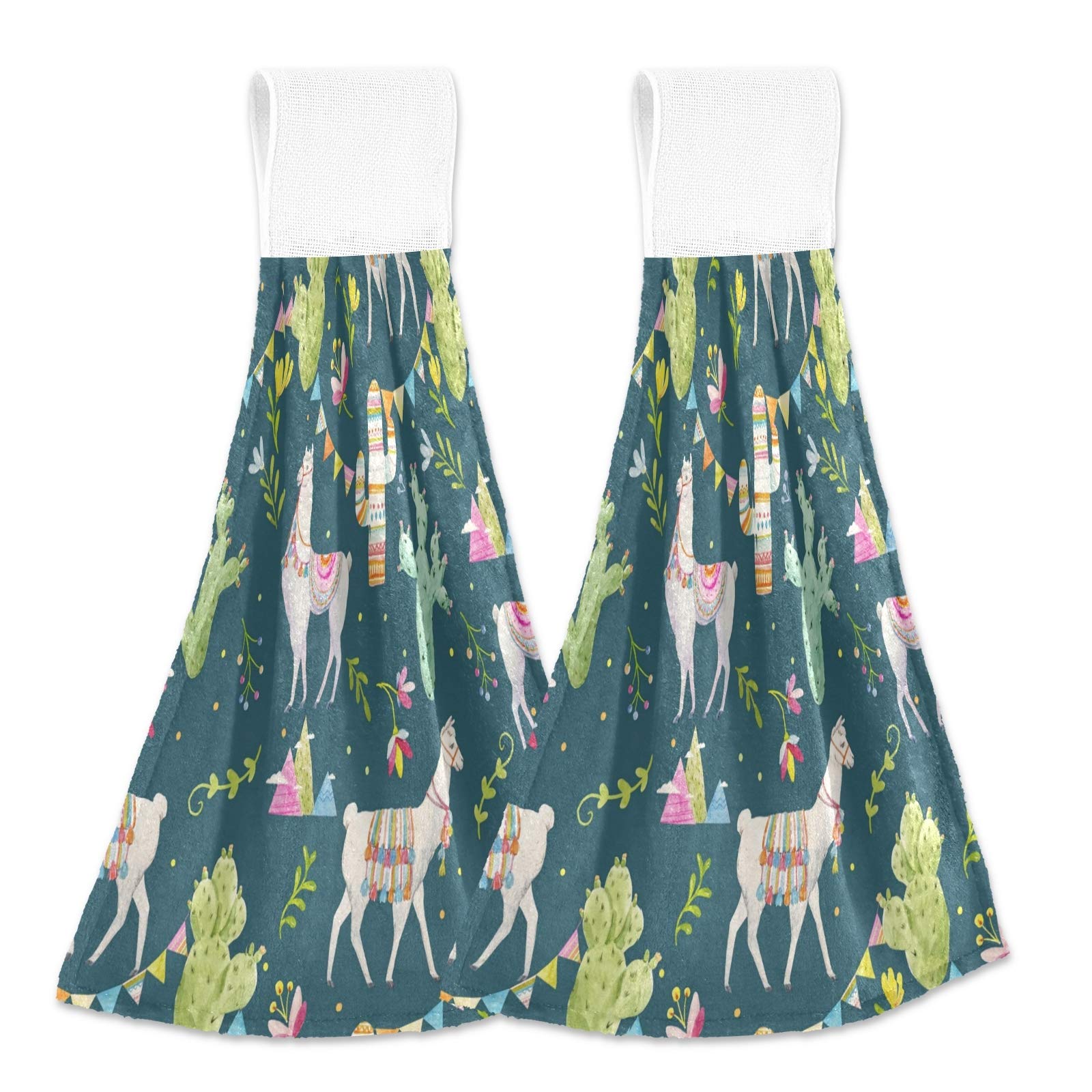 Qilmy Cute Alpaca Hanging Hand Towel - Soft & Super Absorbent Kitchen Towel with Hook & Loop - Perfect for Kitchen, Bathroom, Bedroom - 2 Pack - Ideal for Drying Hands, Dishes & Decor