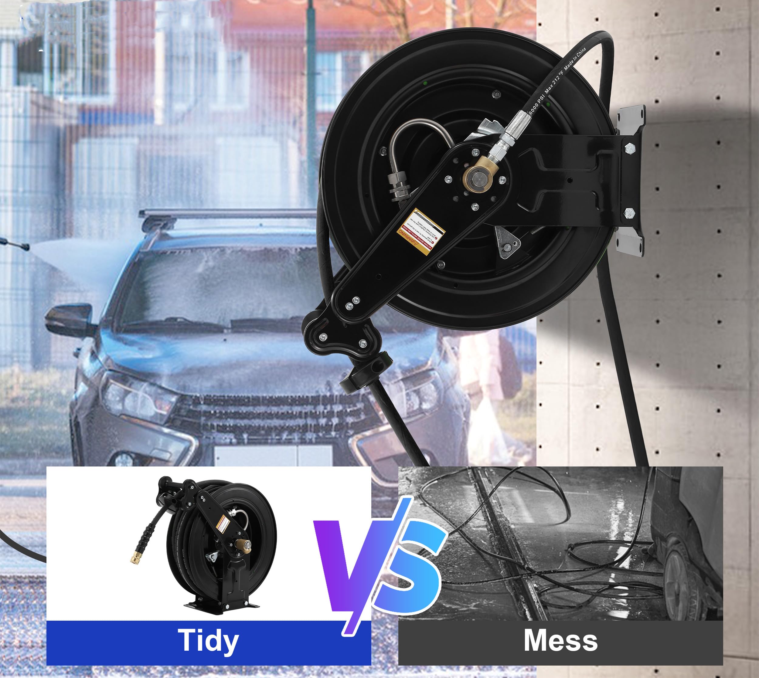 Heavy Duty Retractable Pressure Washer Hose Reel - 50FT x 3/8