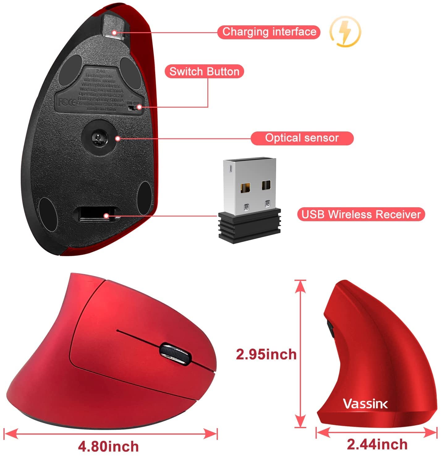 Vassink Ergonomic Rechargeable Wireless Mouse - 2.4GHz Vertical Optical Mouse with USB Receiver, 6 Buttons, 800/1200/1600 DPI Adjustable, Red - Perfect for Office, Gaming & Home Use