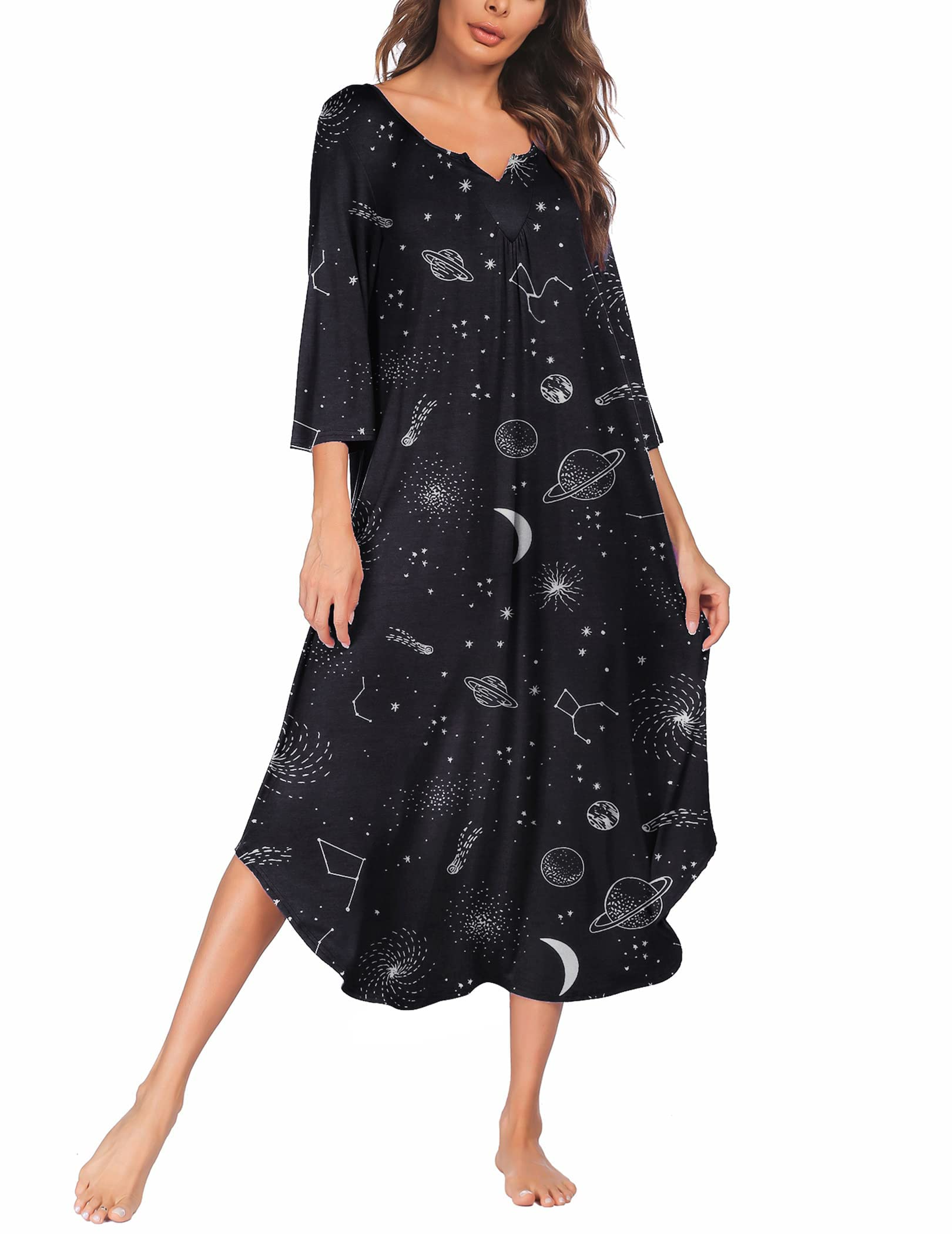 Ekouaer Women's Plus Size Long Sleeve Nightgown - 3/4 Sleeve V-Neck Loose Lounge Dress, Full Length Maxi Sleepshirt for Comfortable Sleep & Relaxing at Home