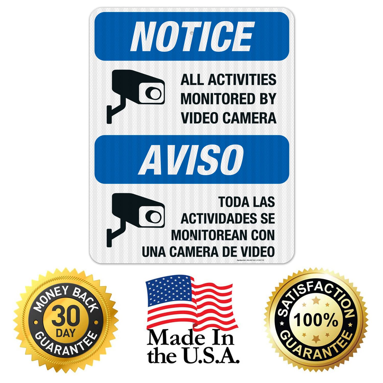 Security Camera Sign - Bilingual Video Surveillance Warning Sign 24x30 Inches | 3M EGP Reflective .080 Aluminum | Fade Resistant for Indoor & Outdoor Use | Made in USA | Ideal for Home Security, Business Protection & Property Monitoring