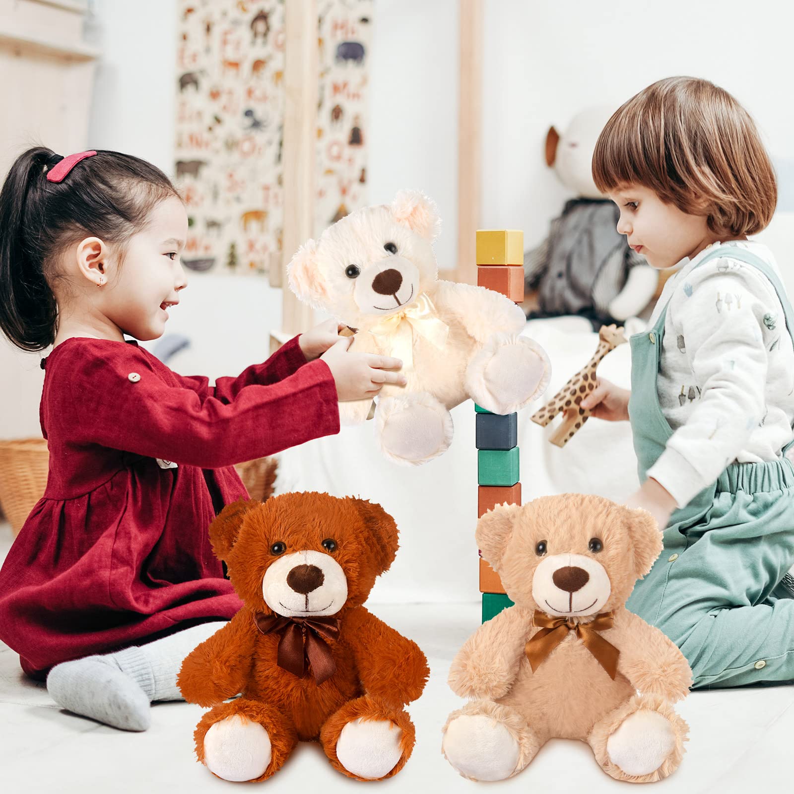 12 Pack 14 Inch Teddy Bear Stuffed Animals - Bulk Plush Bears for Graduation Gifts, Bridal Showers, Anniversaries & Baby Showers (Light Brown, Khaki, White) - Perfect for Party Favors, Decorations & Gift Giving