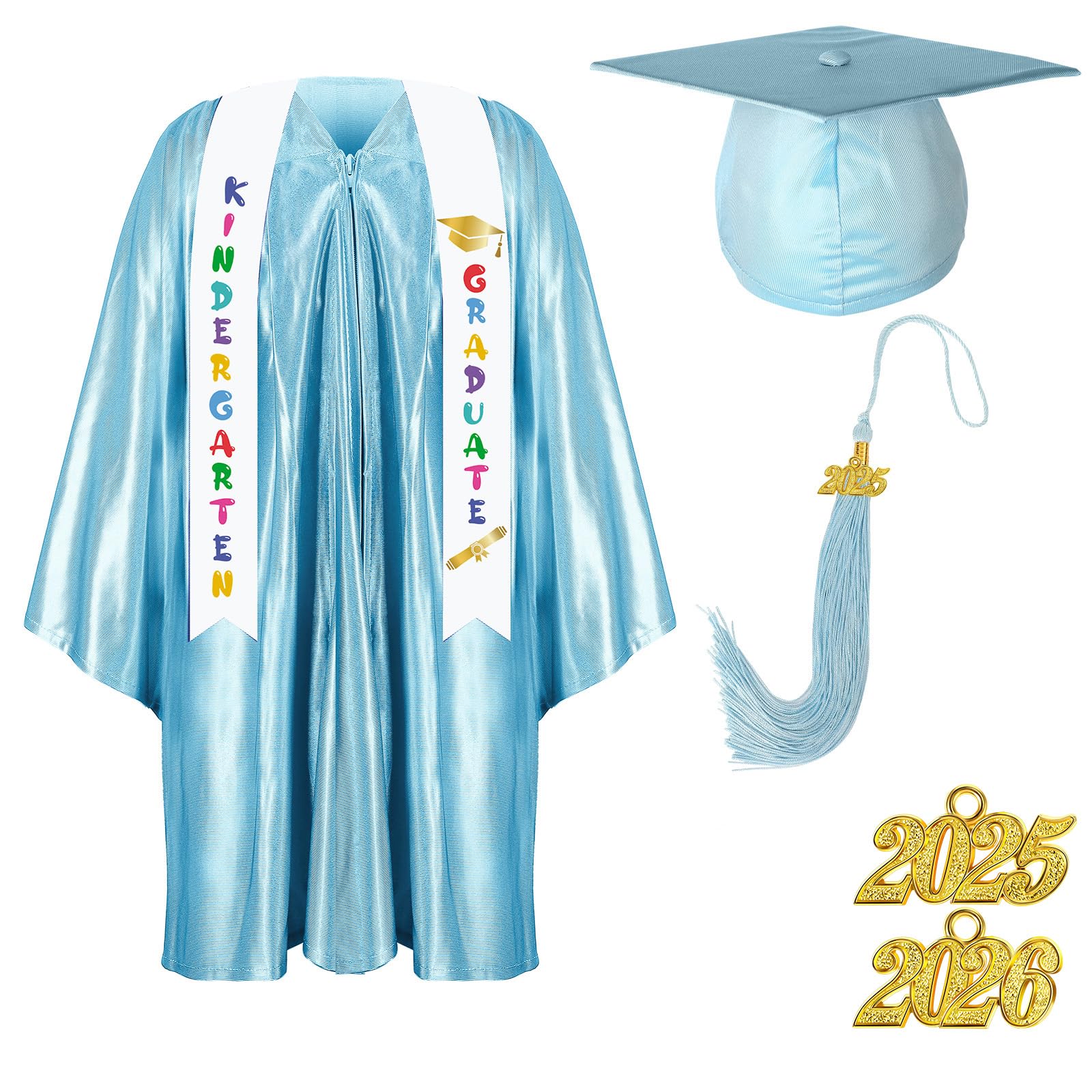 Foaincore 2025 Preschool & Kindergarten Graduation Gown Cap Tassel Set with 2025/2026 Charm Stole - Perfect Graduation Gift for Kids Ceremony & Photo Shoot