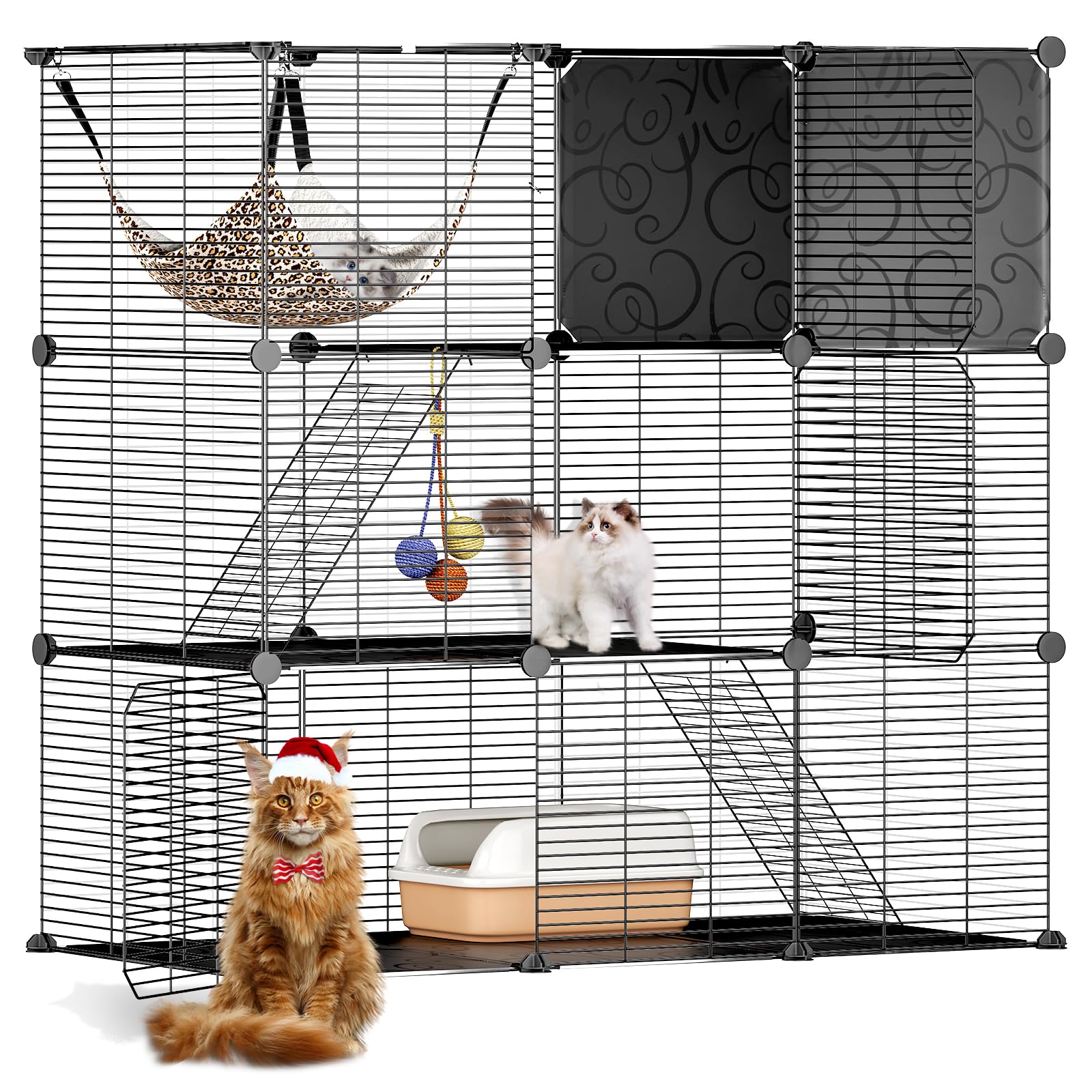 3-Tier Indoor Cat Cage with Toy Ball & Hammock - Large Cat Enclosure for 2-3 Cats, DIY Detachable Metal Wire Playpen for Ferrets, Squirrels & Small Pets - Perfect for Home, Apartment & Pet Play Areas