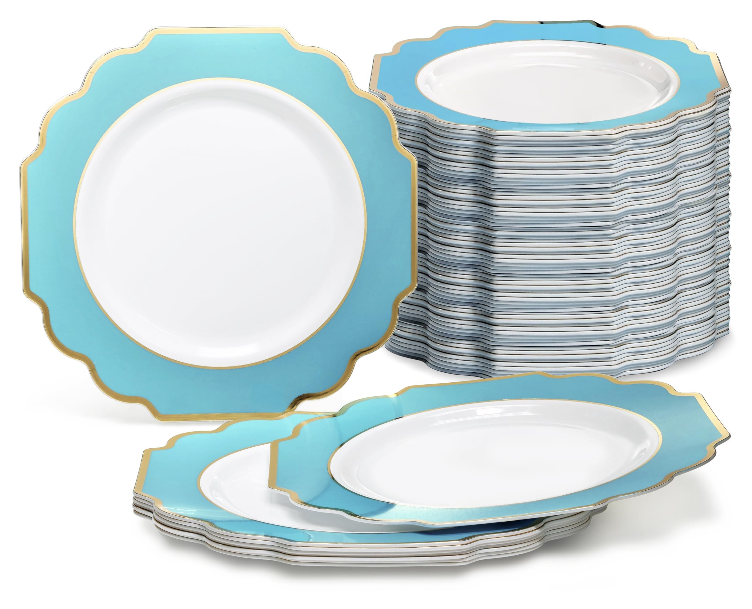 240-Pack Heavyweight Disposable Plastic Plates for Weddings & Parties - 8'' Appetizer/Dessert Plates in Imperial Aqua & Gold - Elegant Dinnerware for Bridal Showers, Baby Showers & Special Events