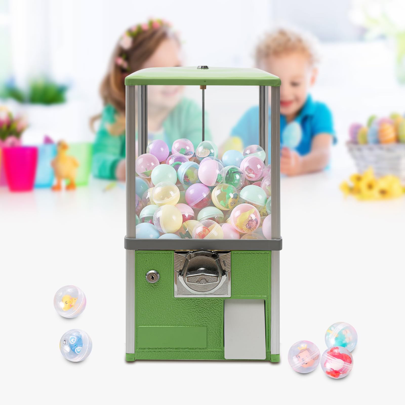 Green Metal Candy Vending Machine - 20.87 Inch Height Gumball Dispenser with 1.77-1.97 Inch Capacity | Portable Coin-Operated Gumball Bank for Retail Stores, Arcades & Home Use | Commercial & Home Candy Machine for Parties, Events & Small Business