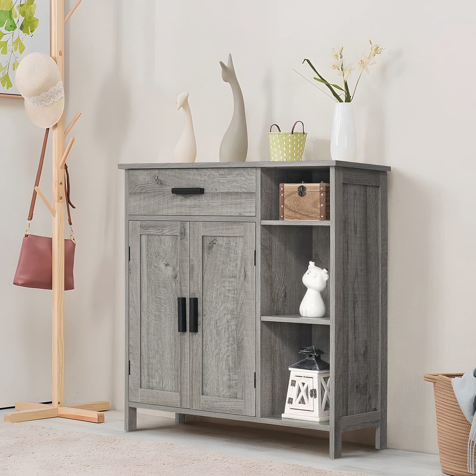 WEENFON Storage Cabinet with Drawers - Bathroom Organizer, Coffee Bar Cabinet with Doors & Shelves - Freestanding Cupboard for Living Room, Bedroom, Kitchen - Grey - Perfect for Home Organization & Small Space Storage