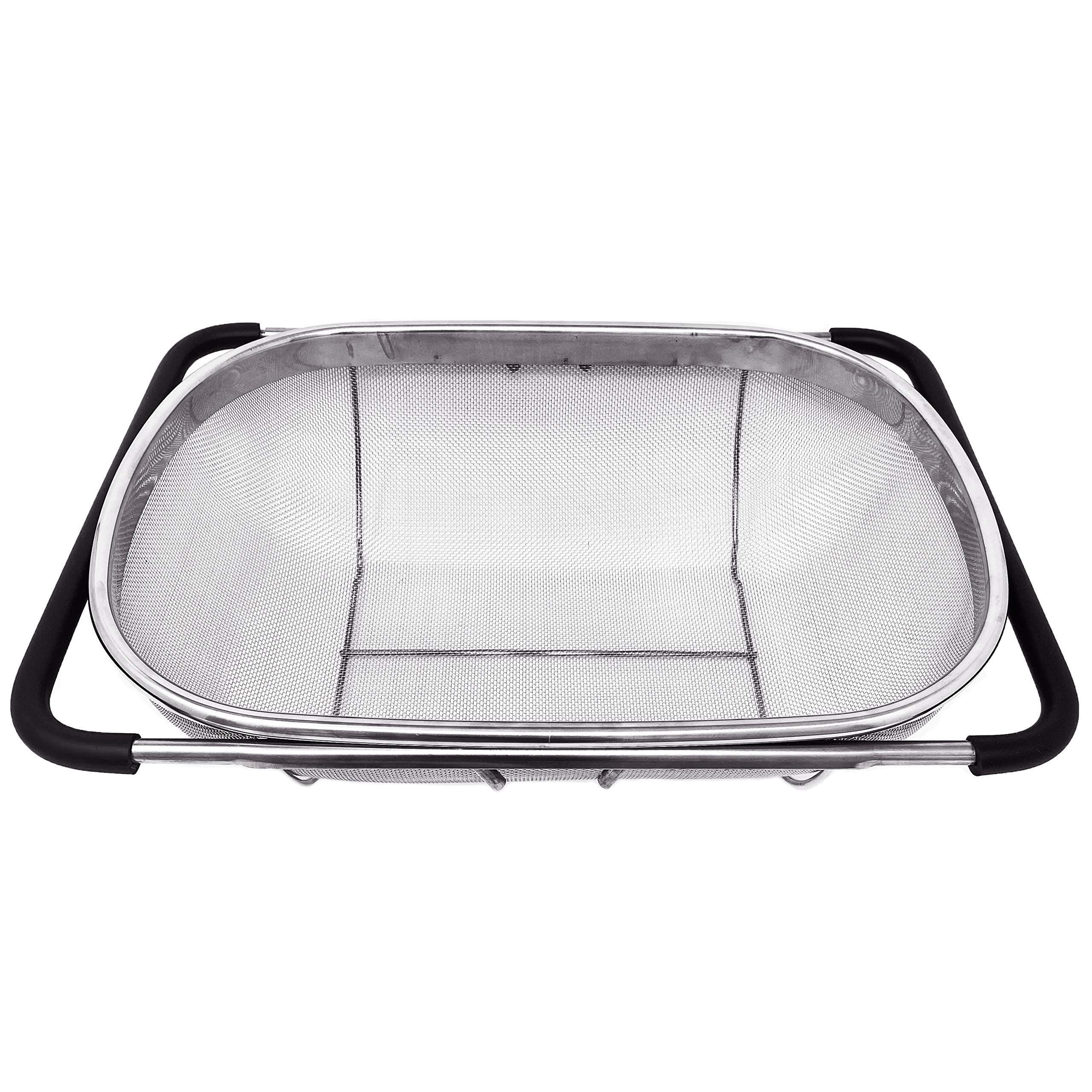 Makerstep Expandable Over-the-Sink Colander Strainer Basket - Stainless Steel with Rubber Grip, Fine Mesh Design for Effortless Draining, Perfect for Washing Fruits, Vegetables, and Pasta in Your Kitchen