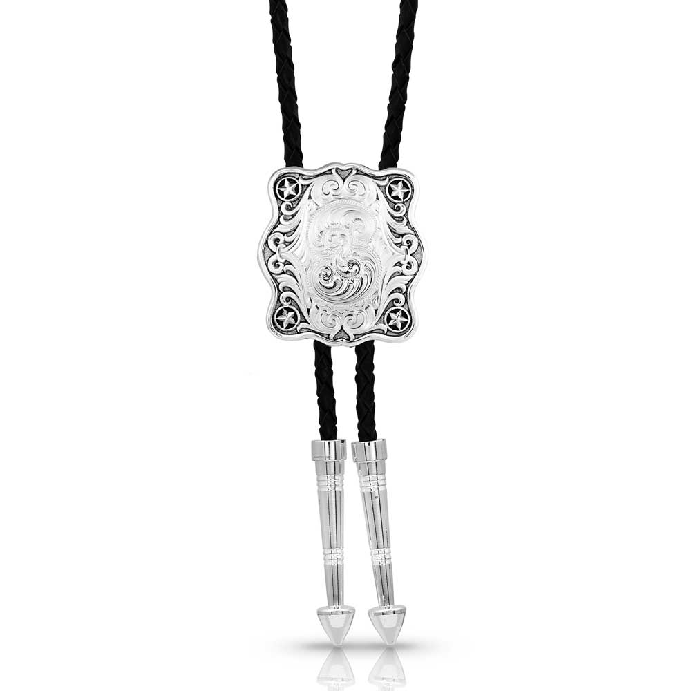 Vintage Scalloped Square Bolo Tie for Men - Western Style Adjustable Leather Cord Necklace - Perfect for Cowboy, Country, and Western Fashion Outfits