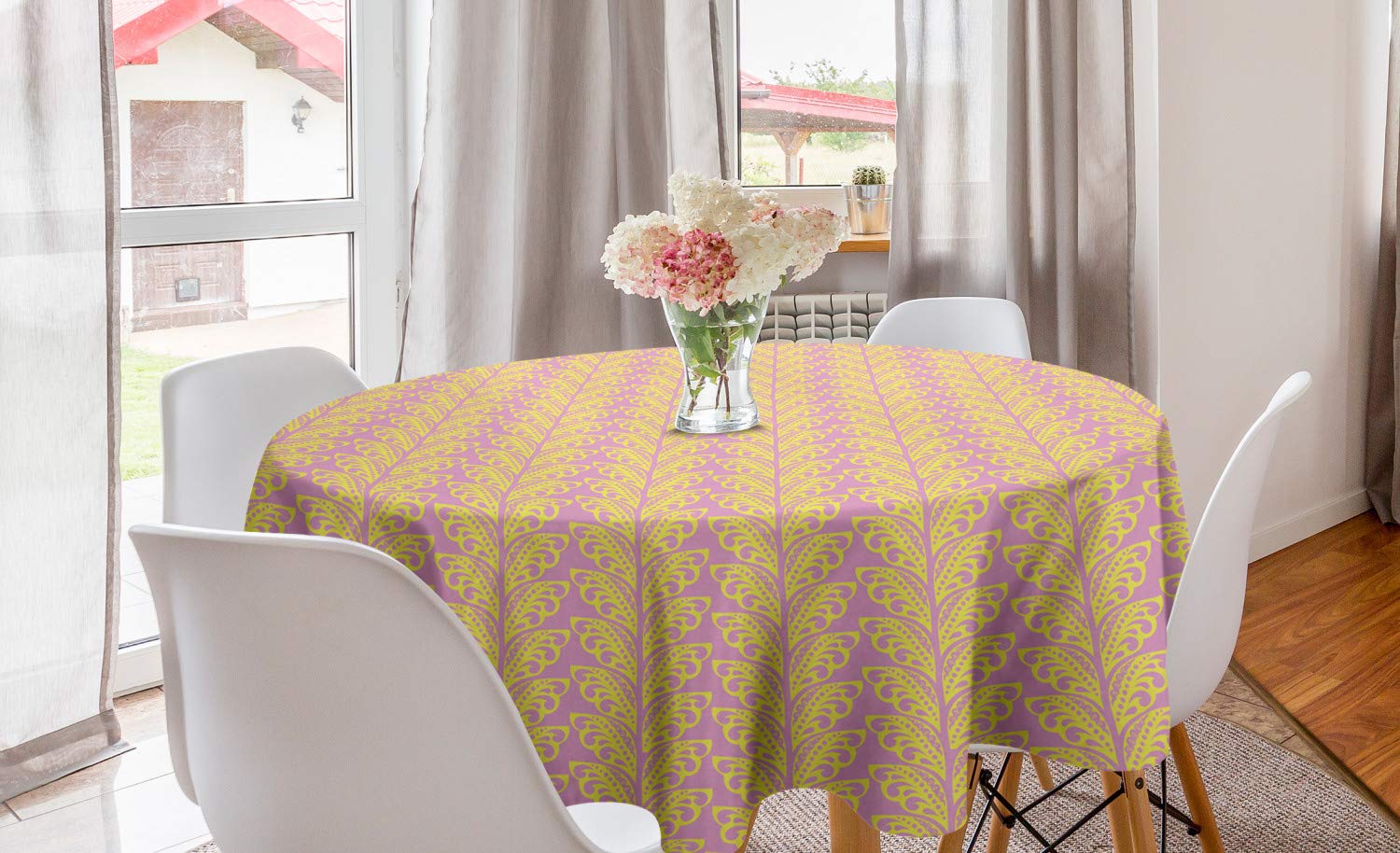 Ambesonne Abstract Leaves Round Tablecloth 60 Inch - Pastel Pink & Yellow Floral Design for Dining Room, Kitchen, Outdoor Party Decor - Waterproof & Wrinkle-Resistant Circle Table Cover for Everyday Use & Special Occasions