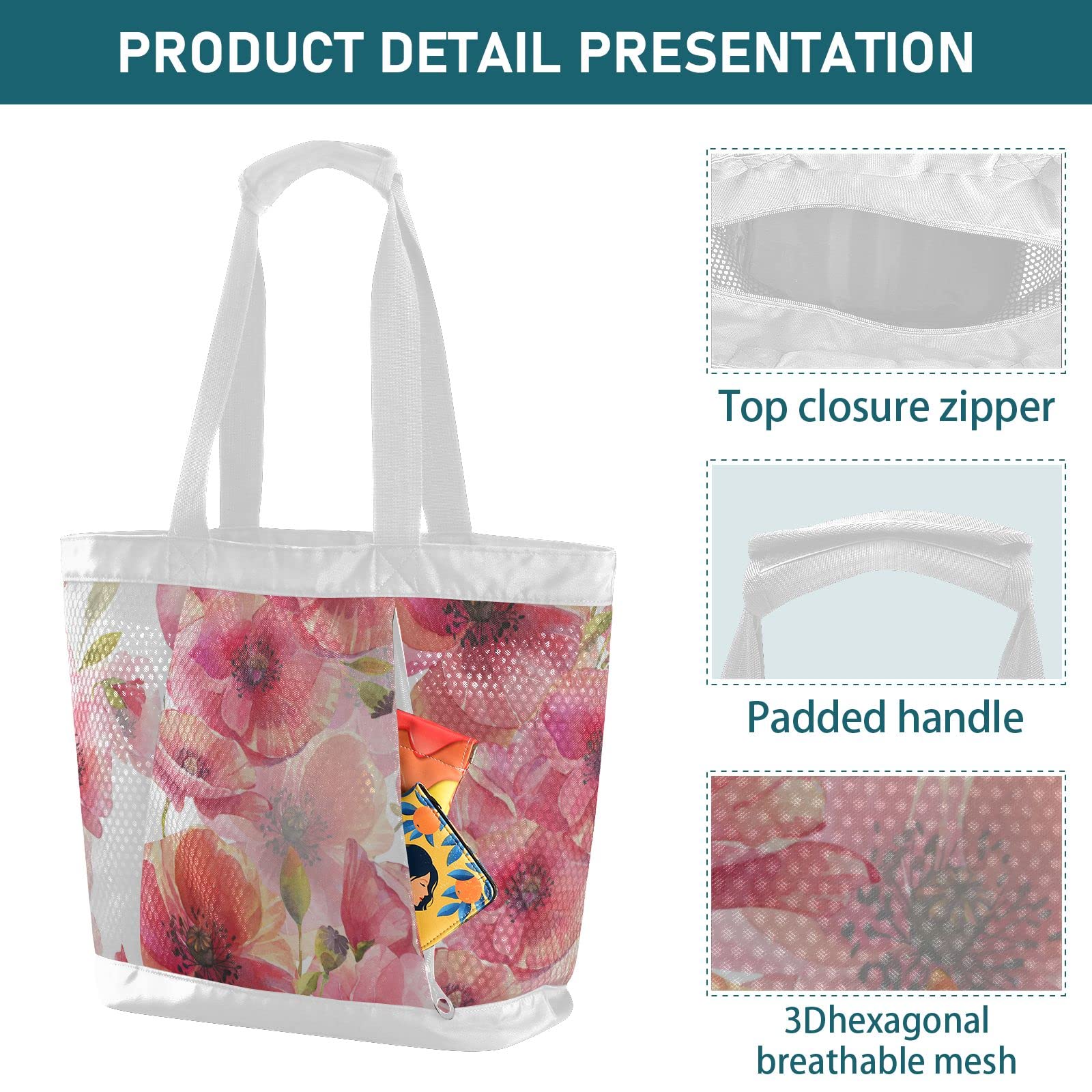 J JOYSAY Poppy Watercolor Mesh Beach Tote Bag - Large Waterproof & Sandproof Women's Travel Tote for Beach, Pool, Vacation & Summer Outings