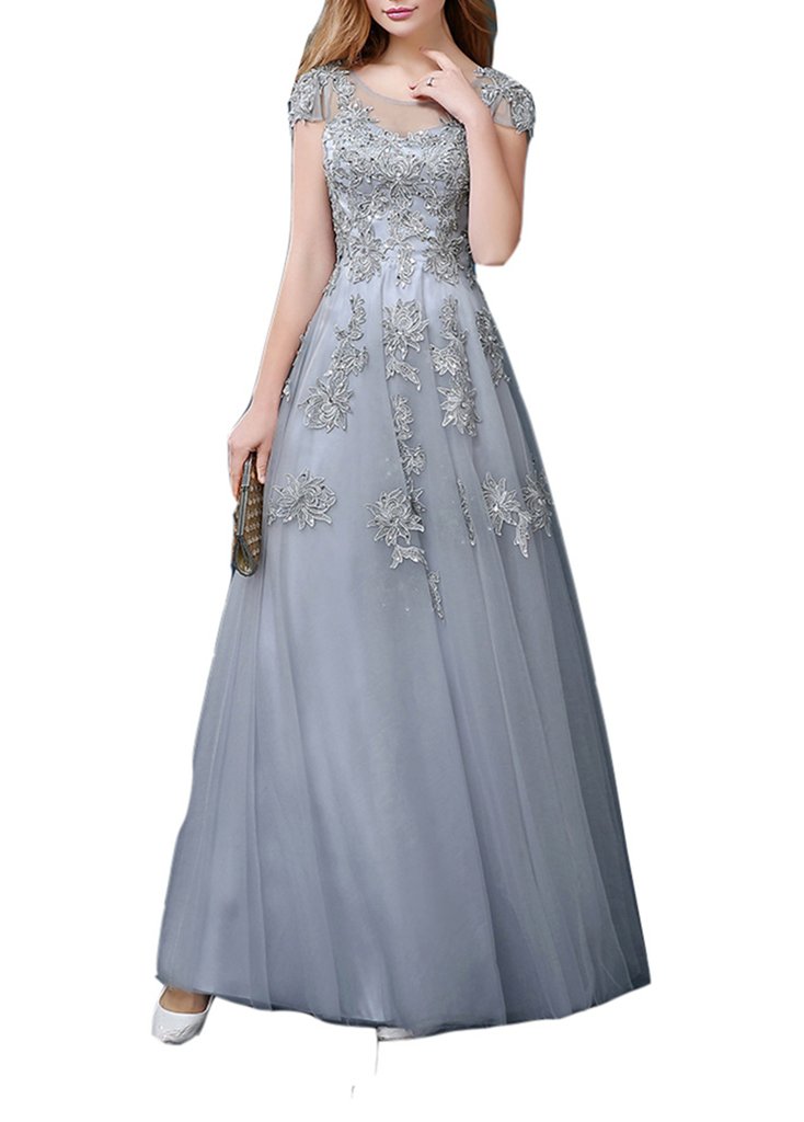 Emanni Women's A-Line Long Applique Short Sleeve Formal Evening Dress - Elegant Prom, Wedding Guest & Cocktail Party Gown
