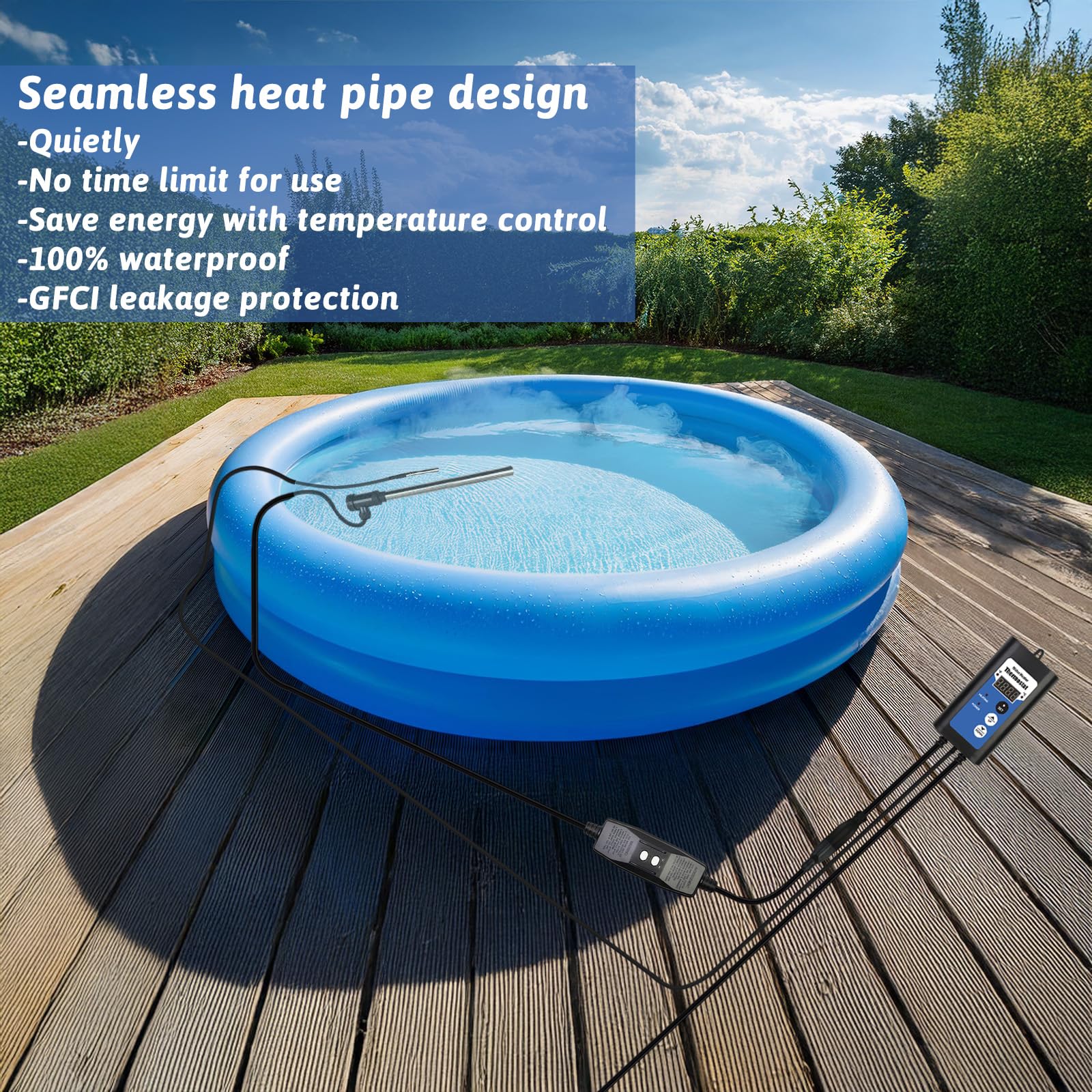 1000W Portable Immersion Water Heater - Submersible Electric Heater with Thermostat & GFCI Protection for Hot Tubs, Bathtubs, Buckets, Pools - Fast Heating for Spa, Livestock Water Troughs, and Home Use