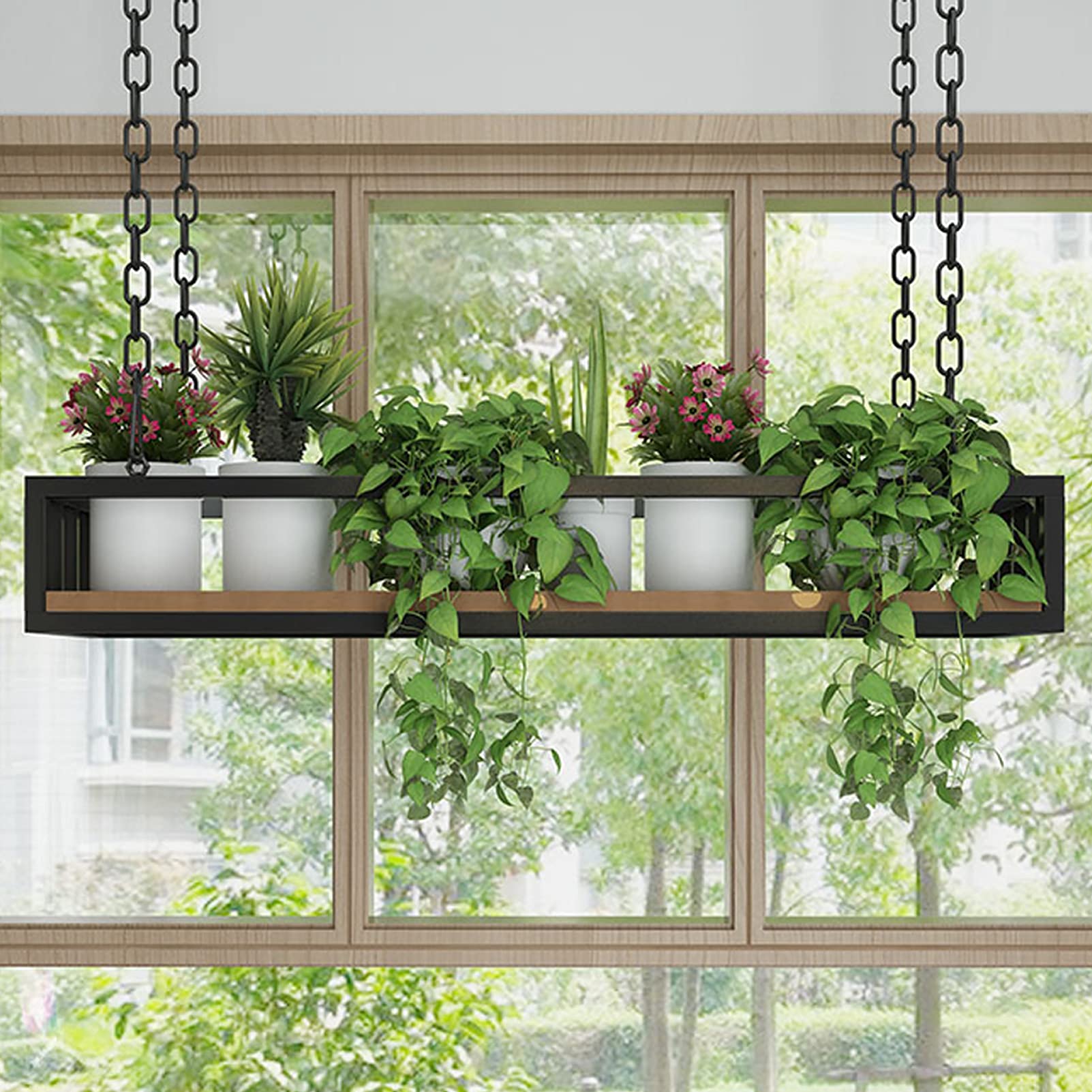Rustic Iron Bar Hanging Flower Pot Rack - Ceiling & Wall Mounted Plant Shelf for Indoor Balcony Decor | Perfect for Small Space Gardening, Home Organization & Farmhouse Style Decor