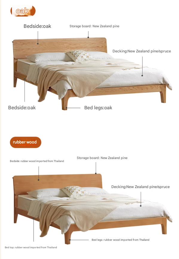 Solid Oak Rubber Wood Bed - Modern Nordic Style Queen/King Size Bed Frame for Bedroom, Living Room & Guest Room
