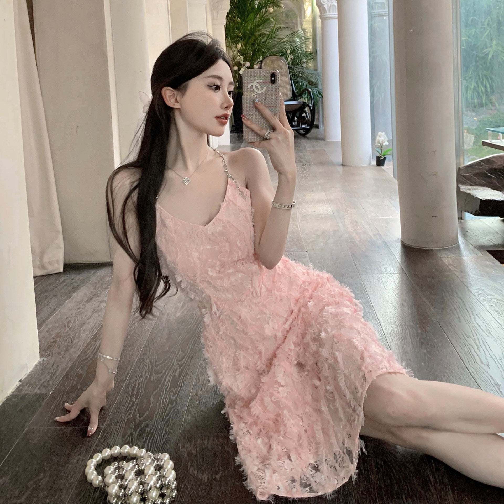 Elegant French Pink Feather Tassel Spaghetti Strap Dress - Summer Party, Wedding Guest, Cocktail Night Out Fashion for Women