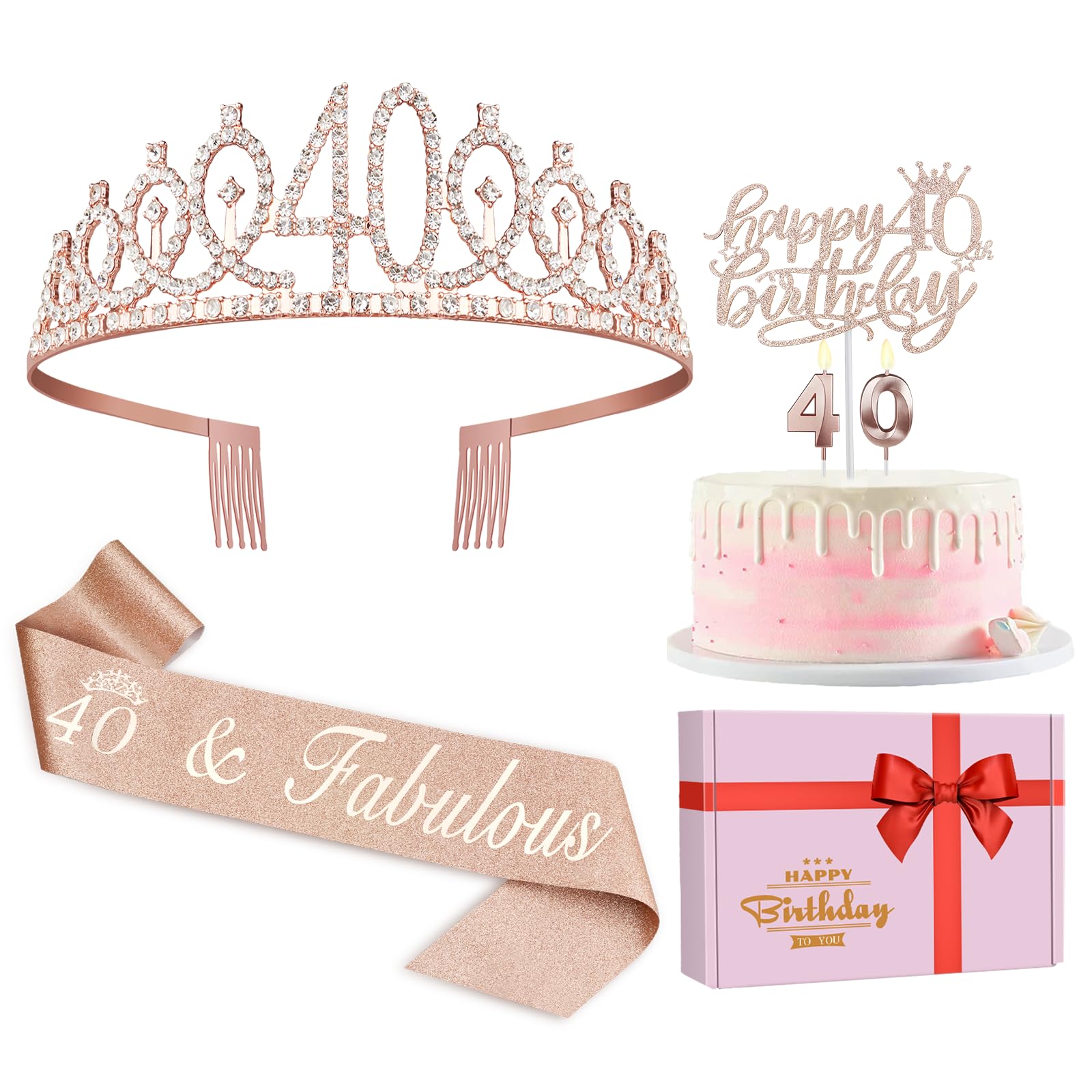 40th Birthday Party Decorations for Women - Gold Crown/Tiara, Satin Sash, Elegant Cake Topper & Candles Set - Perfect 40th Birthday Gift for Her - Great for Milestone Celebrations, Surprise Parties & Photo Backdrops