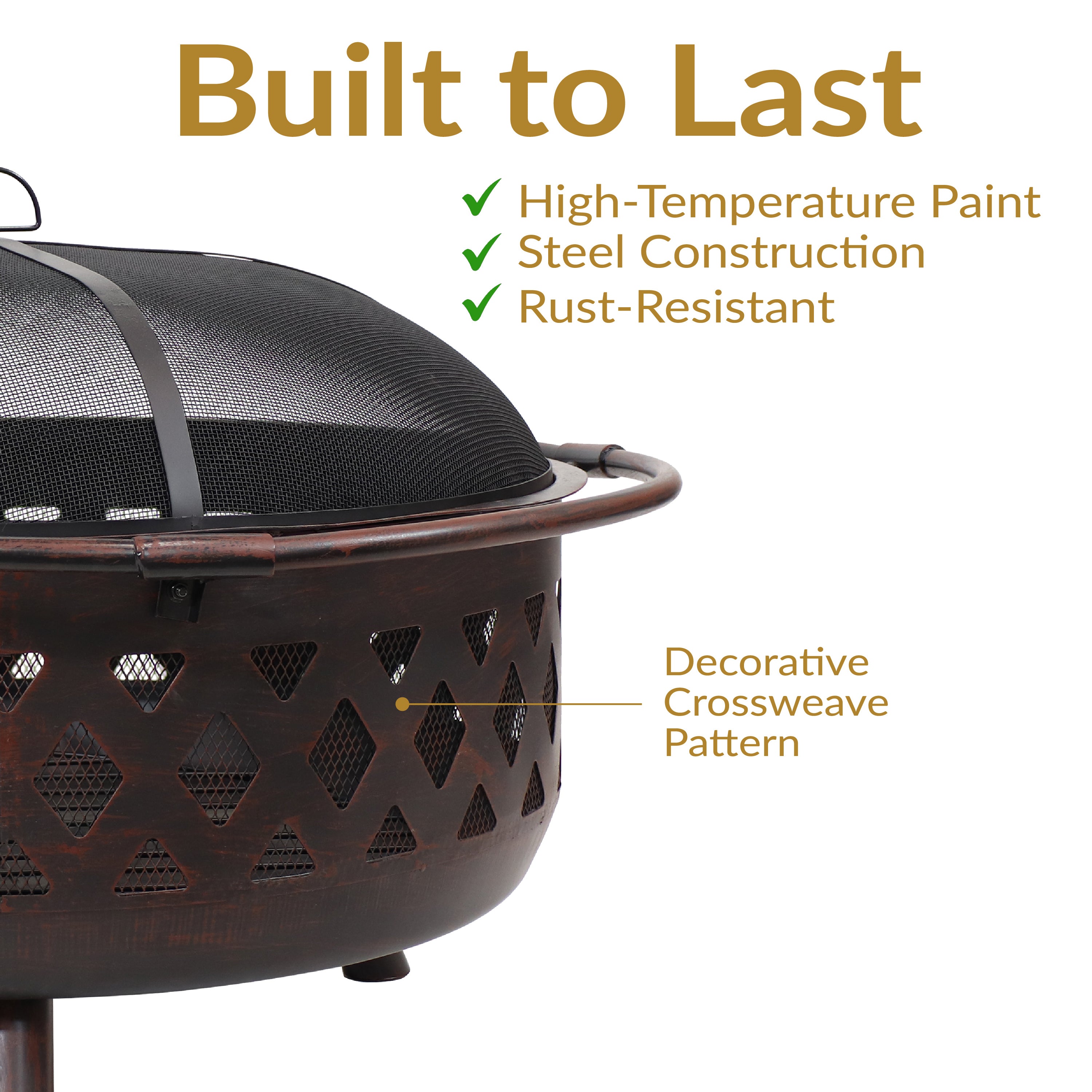 Sunnydaze Bronze Crossweave Outdoor Fire Pit with Spark Screen & Poker - Heavy Duty Steel Wood Burning Firepit for Backyard, Patio, Camping & Bonfires