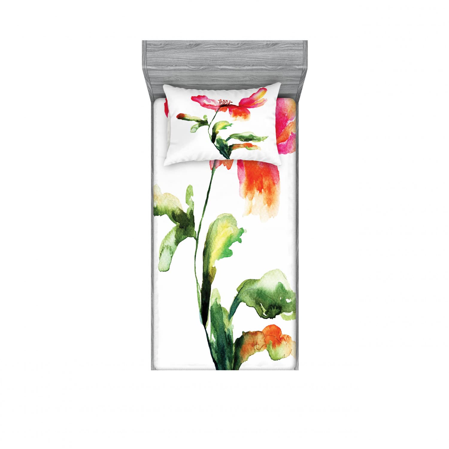 Ambesonne 2-Pack Twin Size Fitted Sheet & Pillow Sham Set - Flowering Poppy Design, Red Green White Floral Bedding (4-Piece Set) - Perfect for Guest Rooms, Dorm Decor, and Spring Bedroom Makeovers