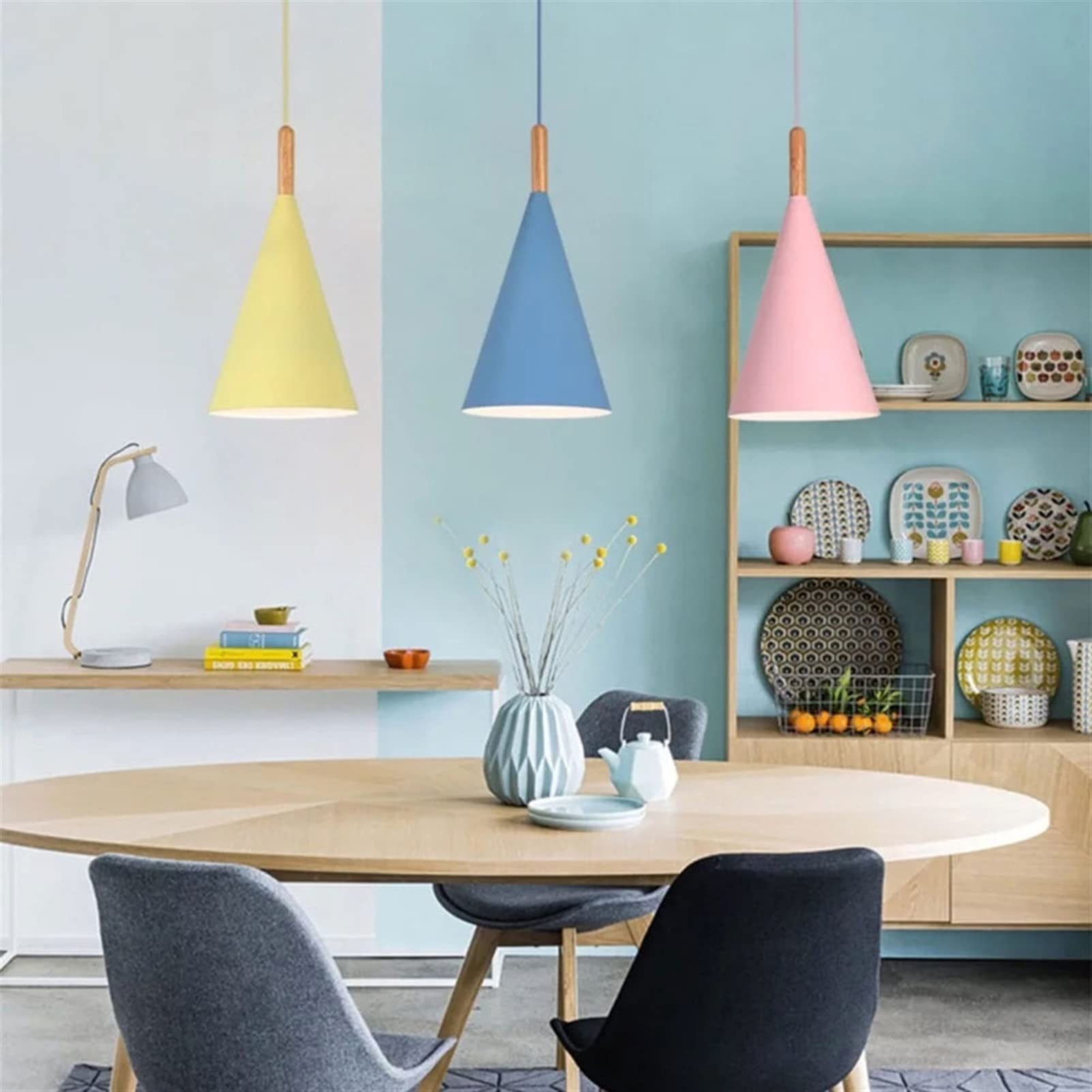 Modern Cone Shaped Wood Pendant Lighting - Minimalist E27 Hanging Chandelier for Kitchen Island, Dining Room, Living Room & Bedroom - Blue Wooden Ceiling Lamp for Farmhouse, Loft & Contemporary Home Decor