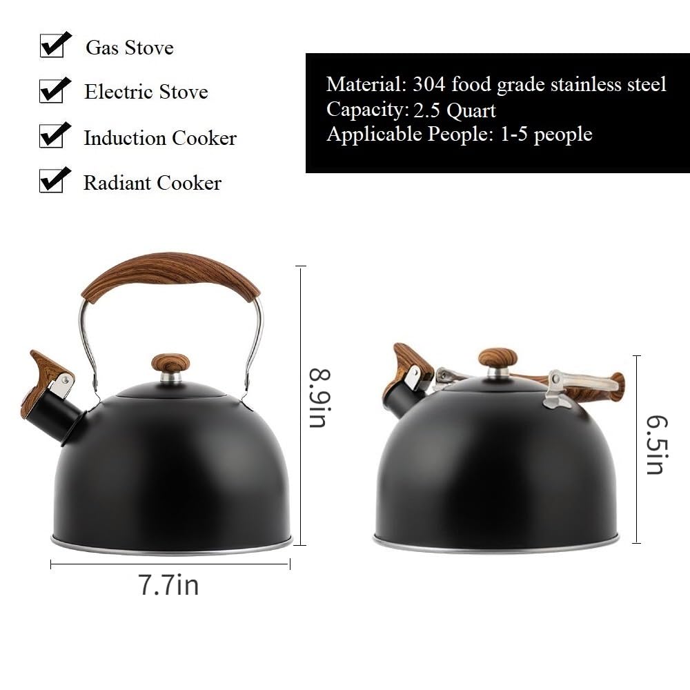 2.5 Quart Stainless Steel Whistling Tea Kettle for Stovetop - Matte Black Wood Handle, Food Grade Safe for Gas, Electric & Induction Cooktops - Perfect for Home, Office & Tea Ceremonies