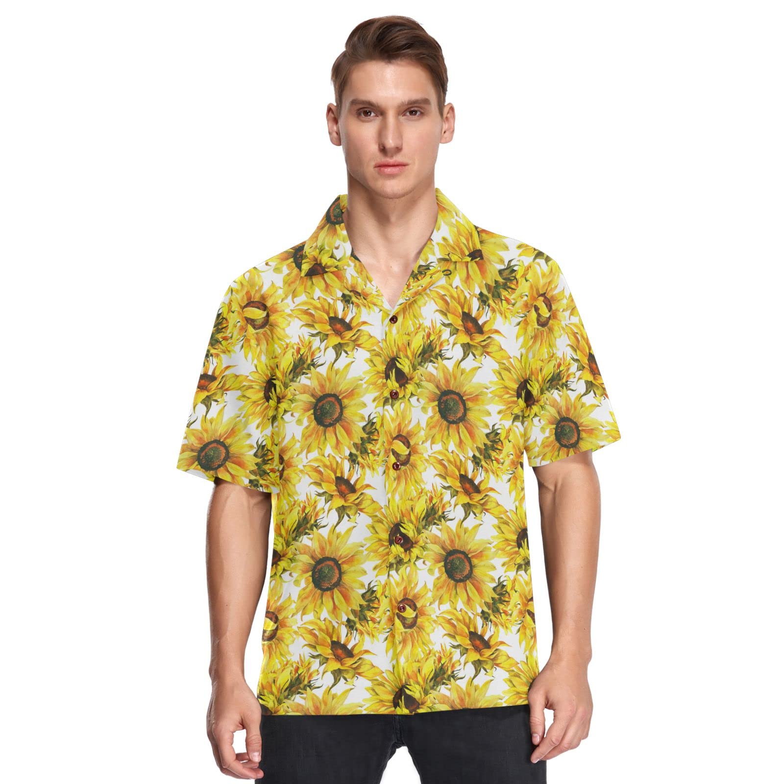 ALAZA Men's Quick Dry Hawaiian Shirt with Sunflowers Watercolor Print - Perfect for Beach Vacation, Summer Party & Tropical Getaway
