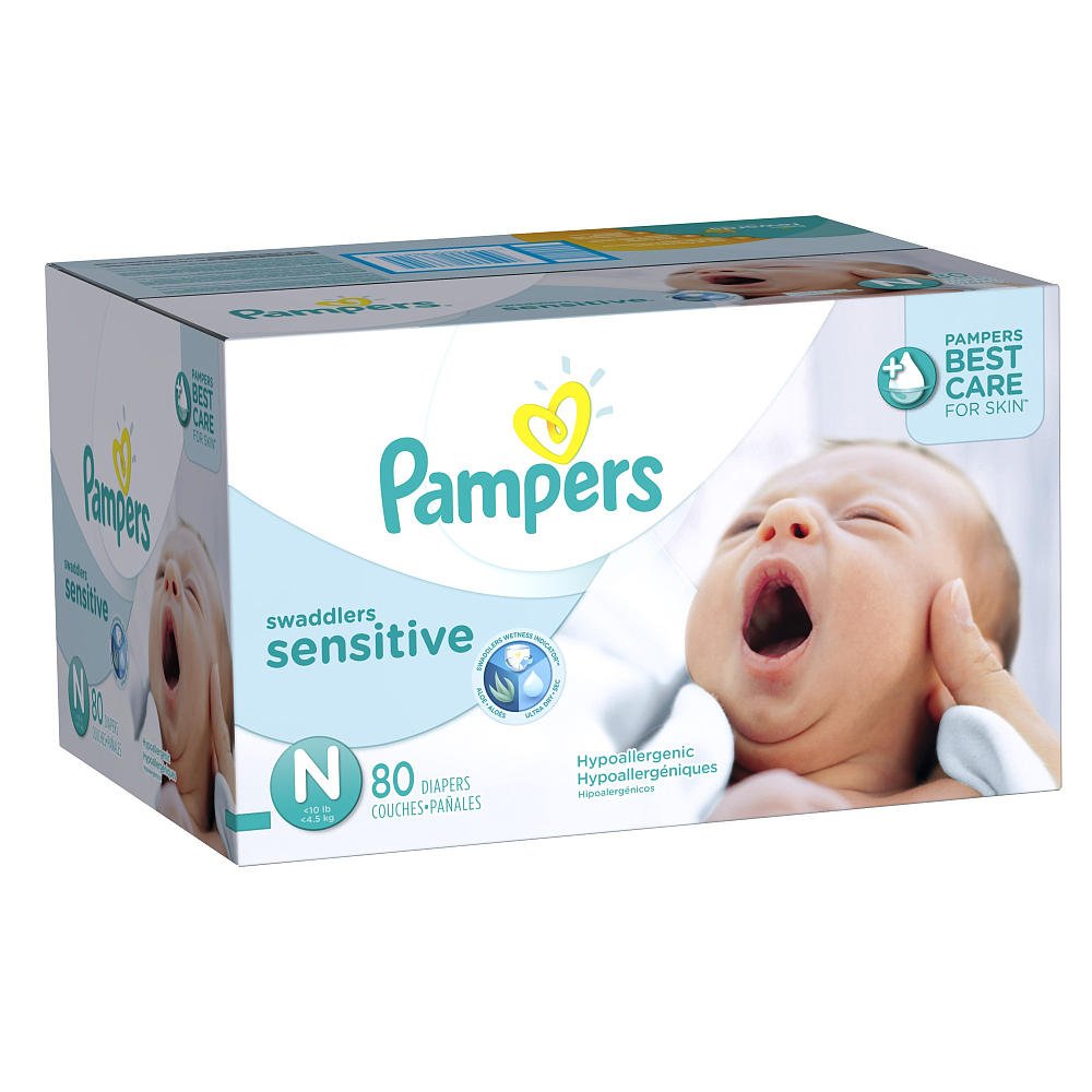 Pampers Swaddlers Sensitive Disposable Diapers - Newborn Size 0 (Up to 10 lbs) - 80 Count - Hypoallergenic & Ultra Absorbent - Perfect for Overnight Protection & Sensitive Baby Skin