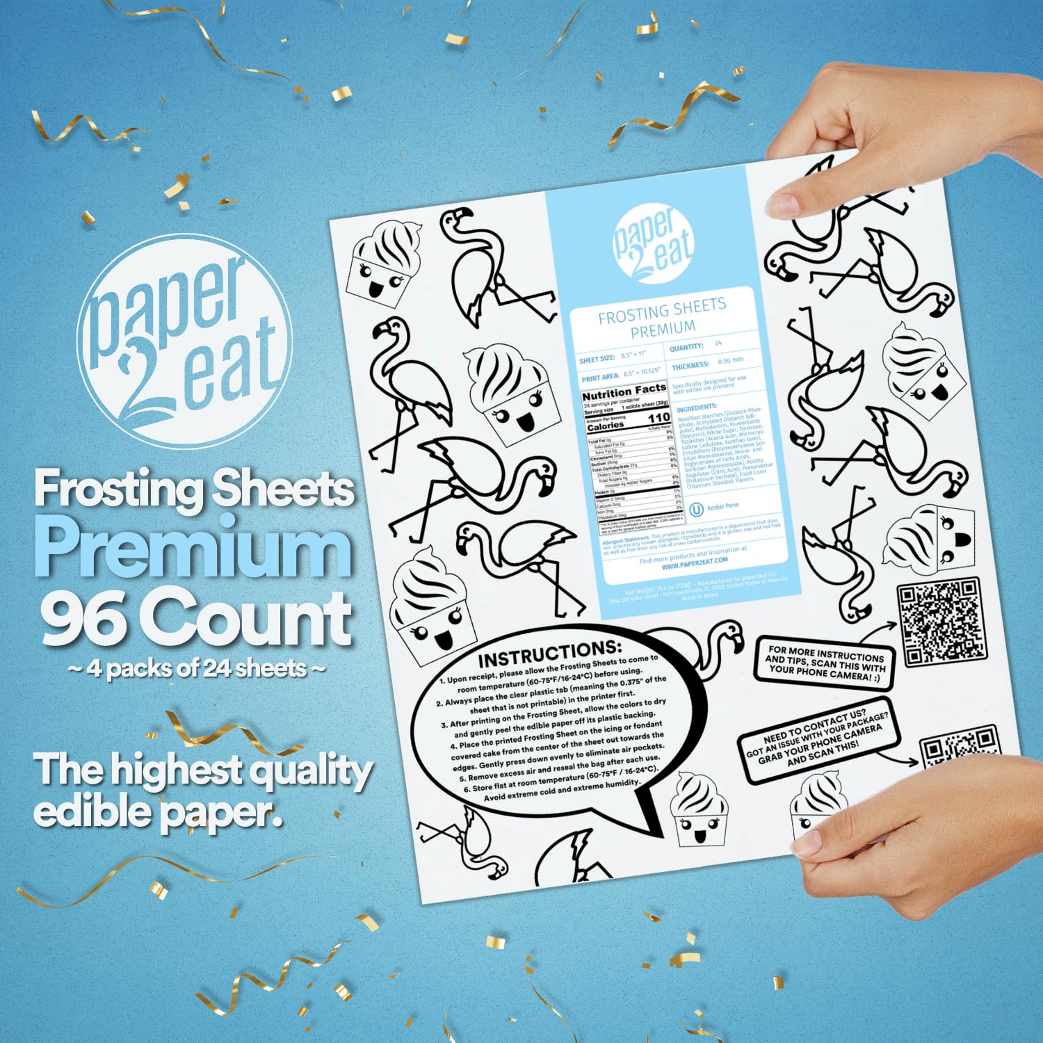 Premium Edible Frosting Sheets 8.5” x 11” - 96 Count White Icing Paper for Cake Decorating, Cookies, Cupcakes & DIY Desserts - Food Safe & Easy to Use