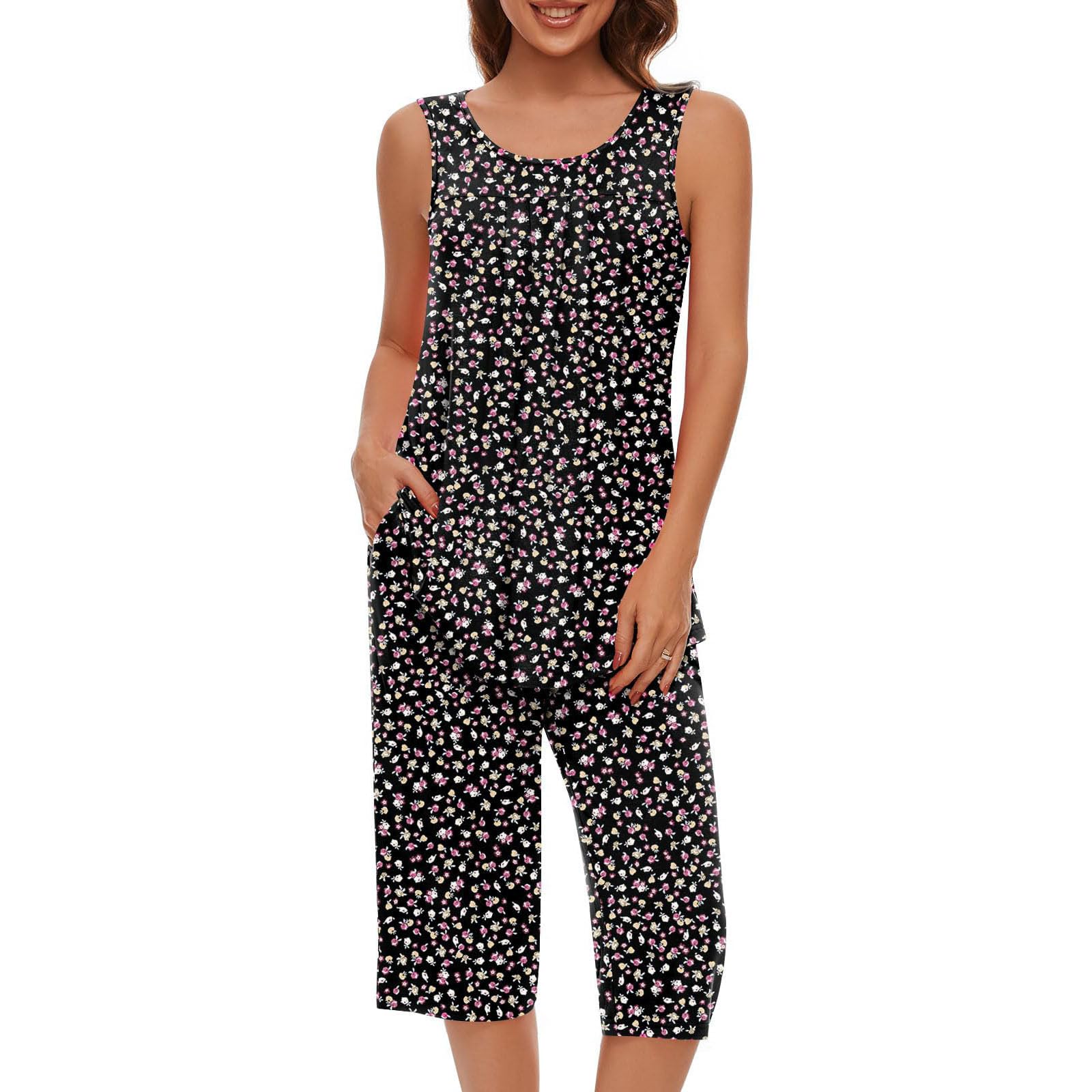 Women's Floral Print 2-Piece Pajama Set - Sleeveless Tank Top & Capri Pants Soft Summer Sleepwear Lounge Set for Comfortable Nightwear & Relaxing at Home