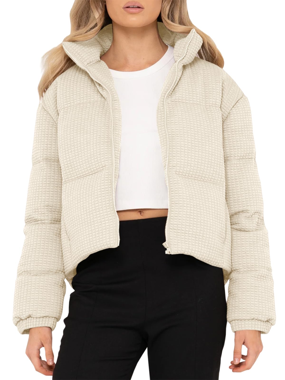 Tankaneo Women's Waffle Crop Puffer Jacket - Stand Collar Long Sleeve Winter Coat, Warm Quilted Padded Outerwear for Cold Weather, Fashionable Streetwear for Fall and Winter Seasons