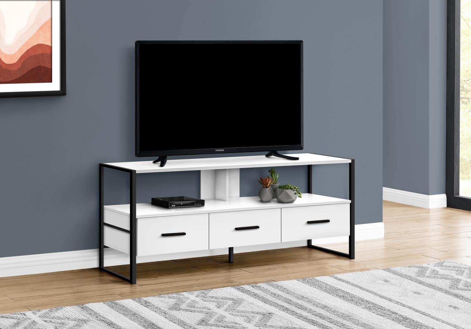 Monarch Specialties 48 Inch TV Stand with Storage Drawers - White & Black Modern Media Console for Living Room & Bedroom - Durable Laminate & Metal Entertainment Center for TVs up to 65