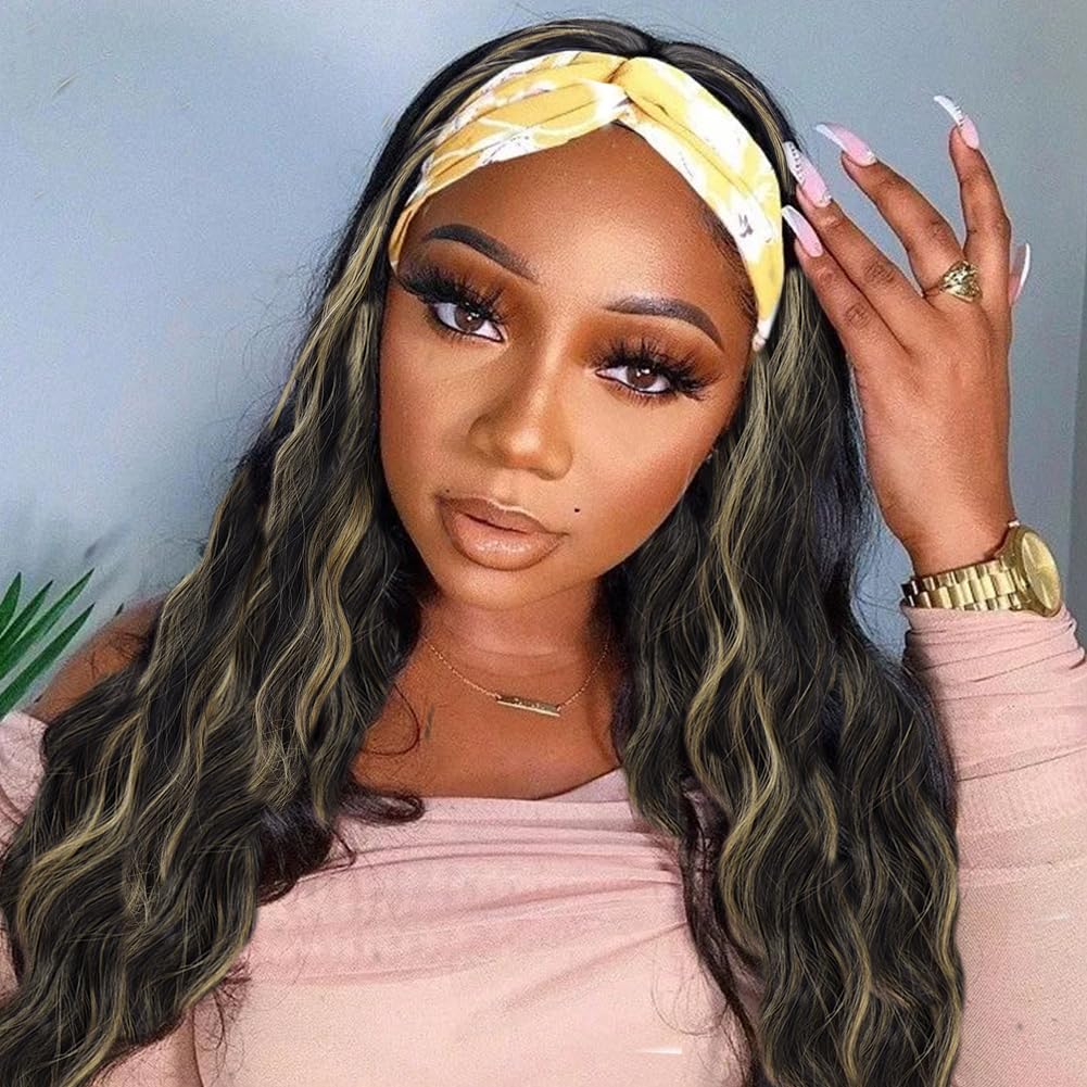Colorful Queen Glueless Headband Wig - 16inch Synthetic Long Black Body Wave Wig for Black Women | Heat Resistant 180% Density (1B/H27#) | Natural Looking Wavy Hair for Daily Wear, Parties & Special Occasions
