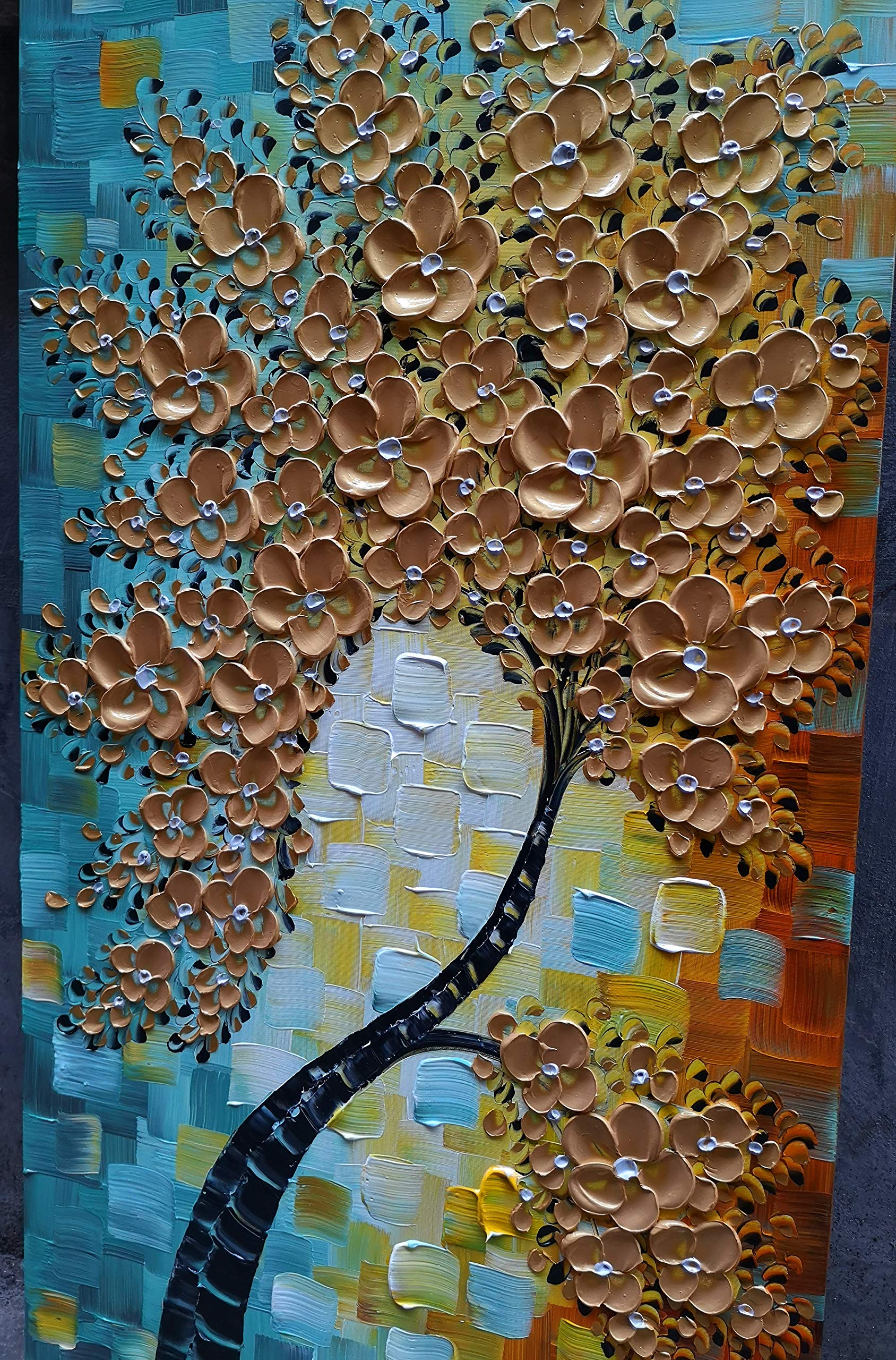 YaSheng Art - 3D Abstract Tree Oil Painting on Canvas with Golden Flowers, Modern Textured Wall Art for Living Room & Bedroom Decor, Ready to Hang (24x48 Inches) - Perfect for Home, Office & Gift Giving