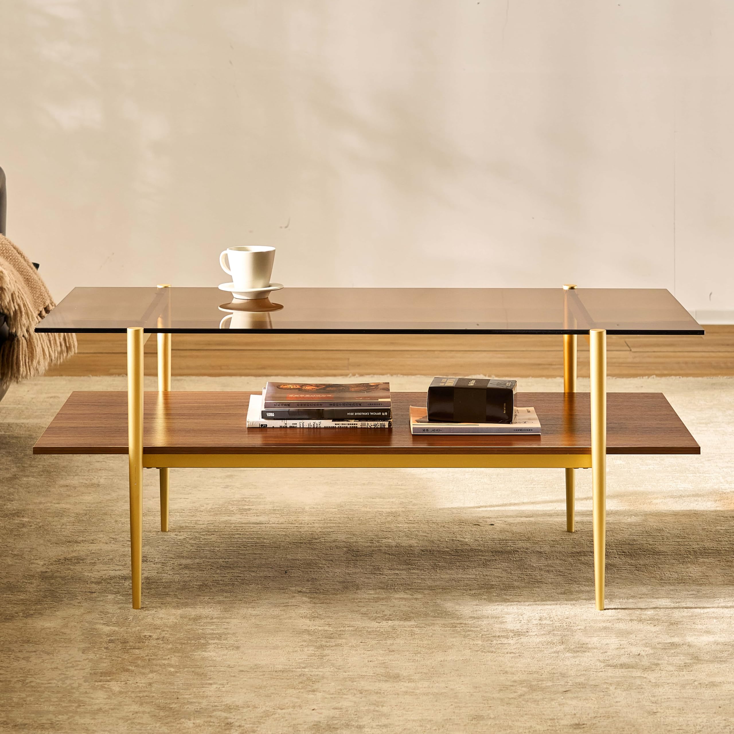 AGV LIGHTING Modern Double Layer Coffee Table with Gold Frame, Coffee Brown Glass & Walnut Wood Top - Stylish Living Room Center Table for Small Spaces, Apartments and Lounge Areas