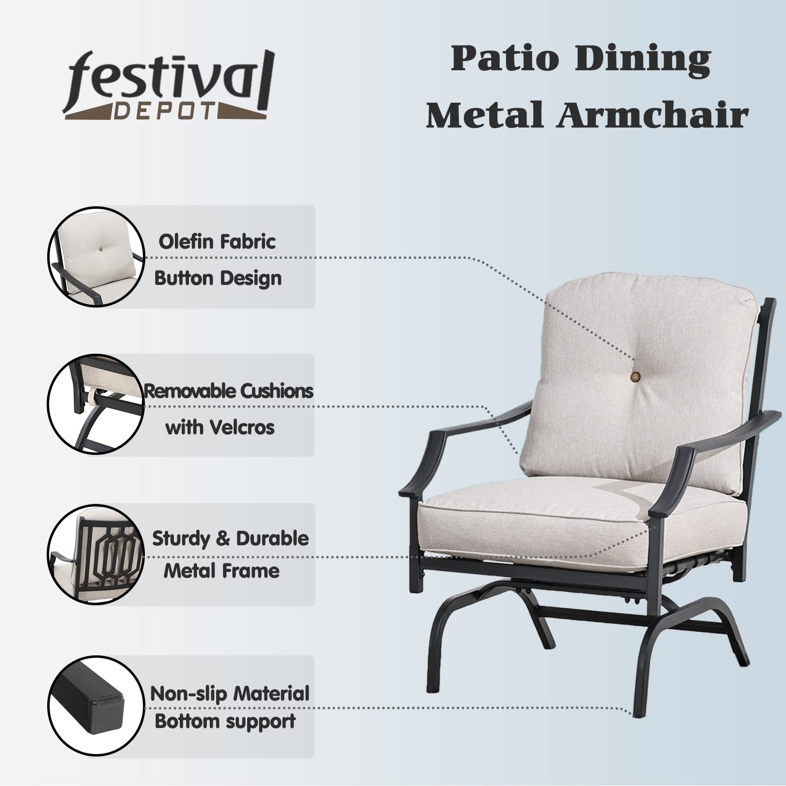 Festival Depot Patio Bistro Dining Chairs Set of 2 - Outdoor Furniture with Steel Frame, Armrests & Cushions (Beige) - Perfect for Garden, Patio, Poolside & Restaurant Use