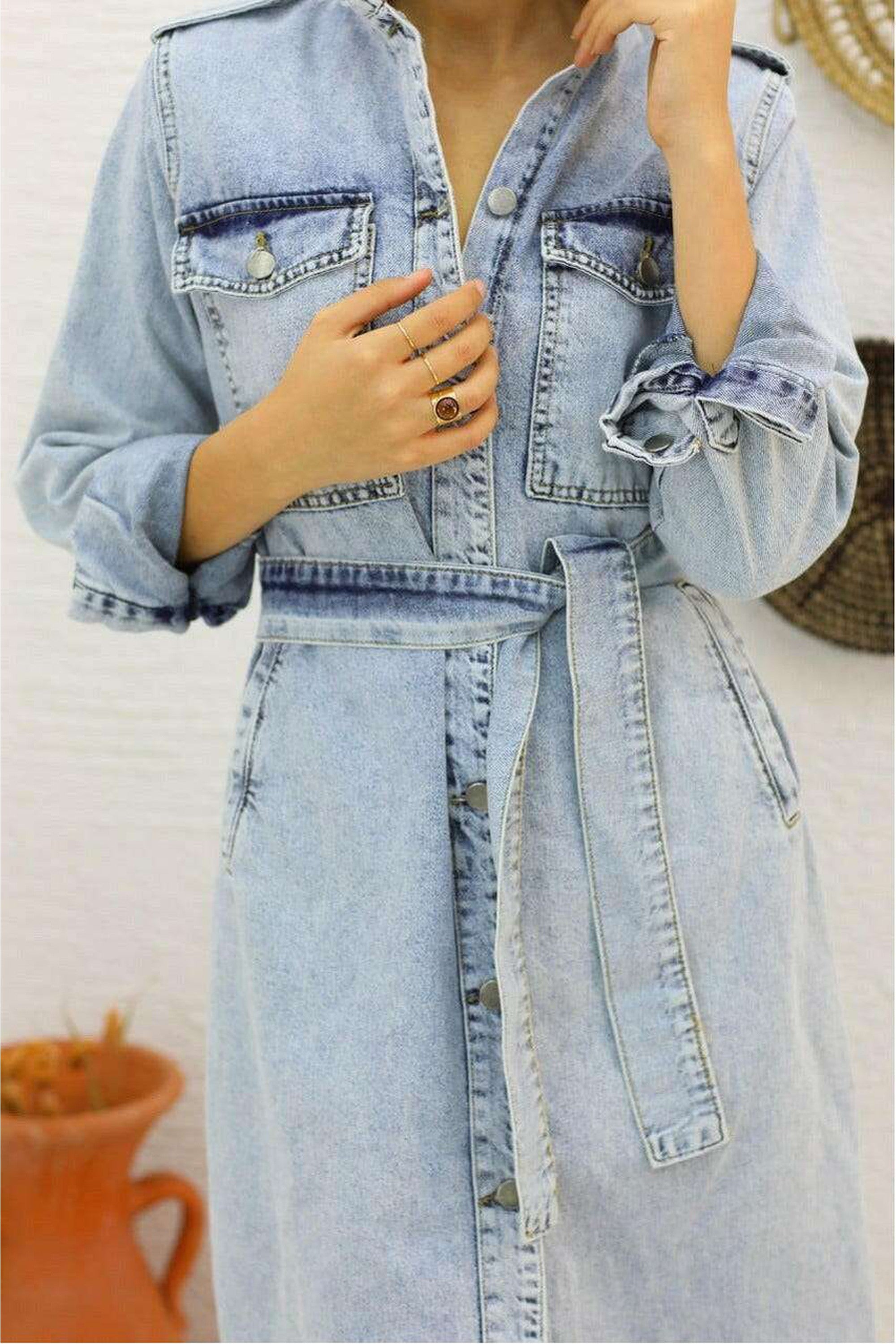 Stylish Long Sleeve Denim Midi Dress for Women | Vintage Blue Denim Shirt Dress | Perfect for Casual Outings, Date Nights & Fall Layering