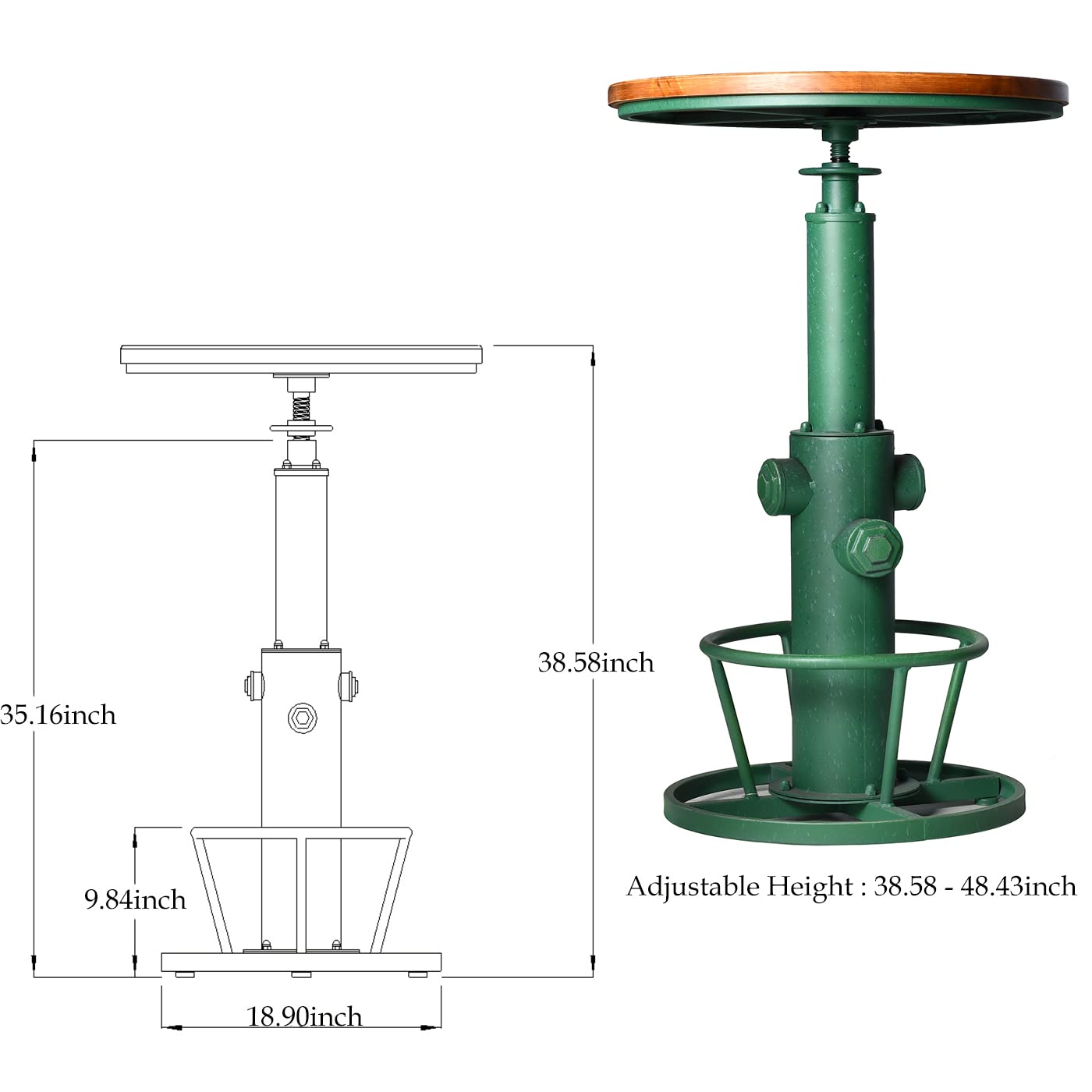 Adjustable Height Industrial Bar Table 38.58-48.43 Inches - Antique Green Pub Table for Kitchen, Dining Room & Coffee Bistro | Perfect for Home Bars, Restaurants and Outdoor Entertaining