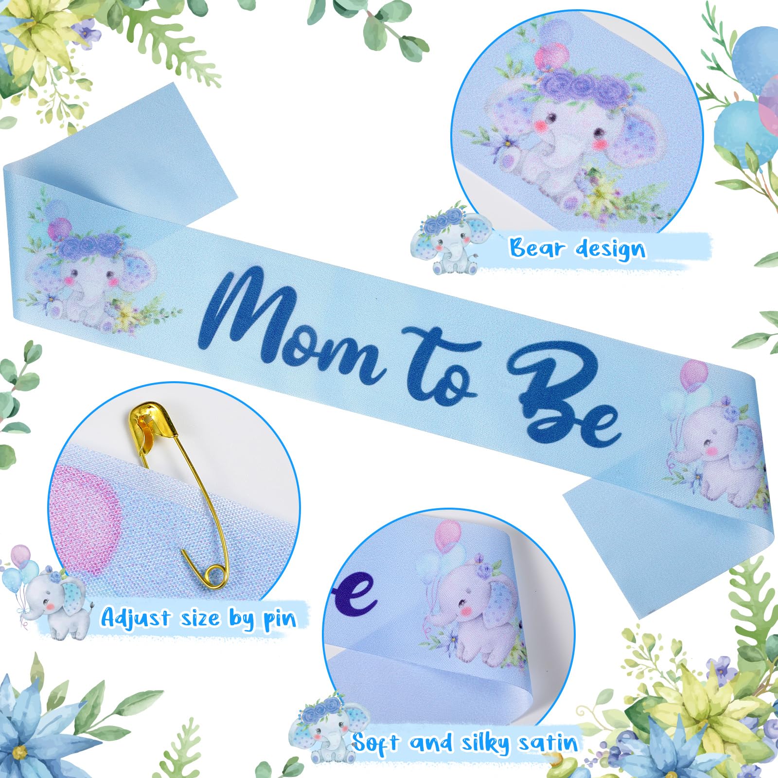 Chunful Elephant Theme Baby Shower Sash Set - Mom to Be Sash & Dad to Be Pin with Flower Crown - Gender Reveal Party Decorations - Baby Shower Favors for Boys & Girls - Pregnancy Props Gift (Blue) - Perfect for Gender Reveal Parties, Baby Showers & Maternity Photos