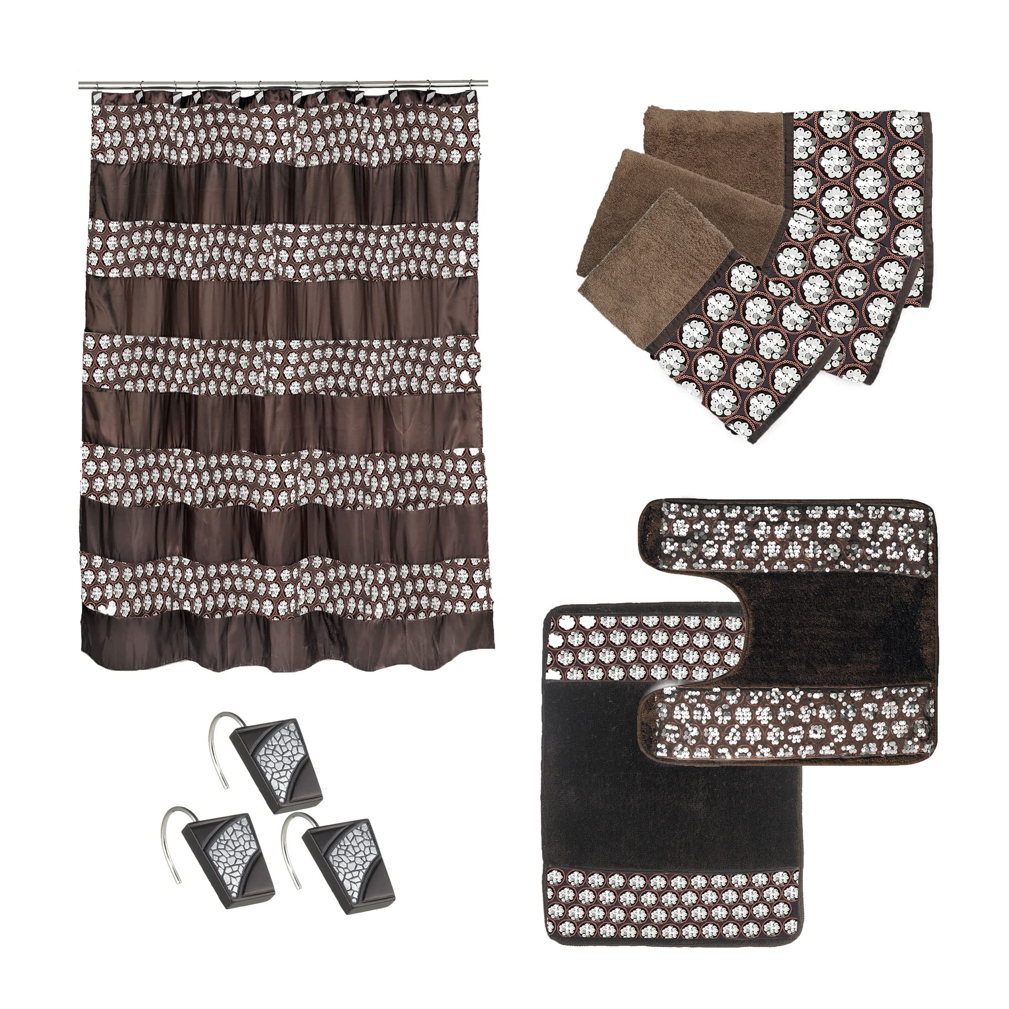 7-Piece Bathroom Accessory Set - Shower Curtain with Hooks, 3-Piece Towel Set, Contour Mat & Bath Rug (Brown) - Complete Luxury Bathroom Decor for Home & Hotel Use
