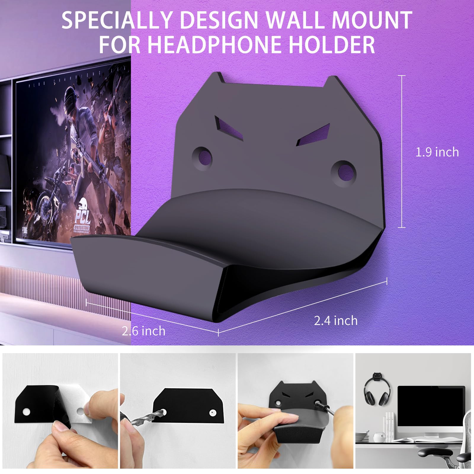 Premium Steel Wall Mount Headphone Hanger Holder - Universal VR Headset & Controller Storage Stand Hook with Silicone Cradle (Black) - Perfect for Gaming Setup, Office & Home Organization