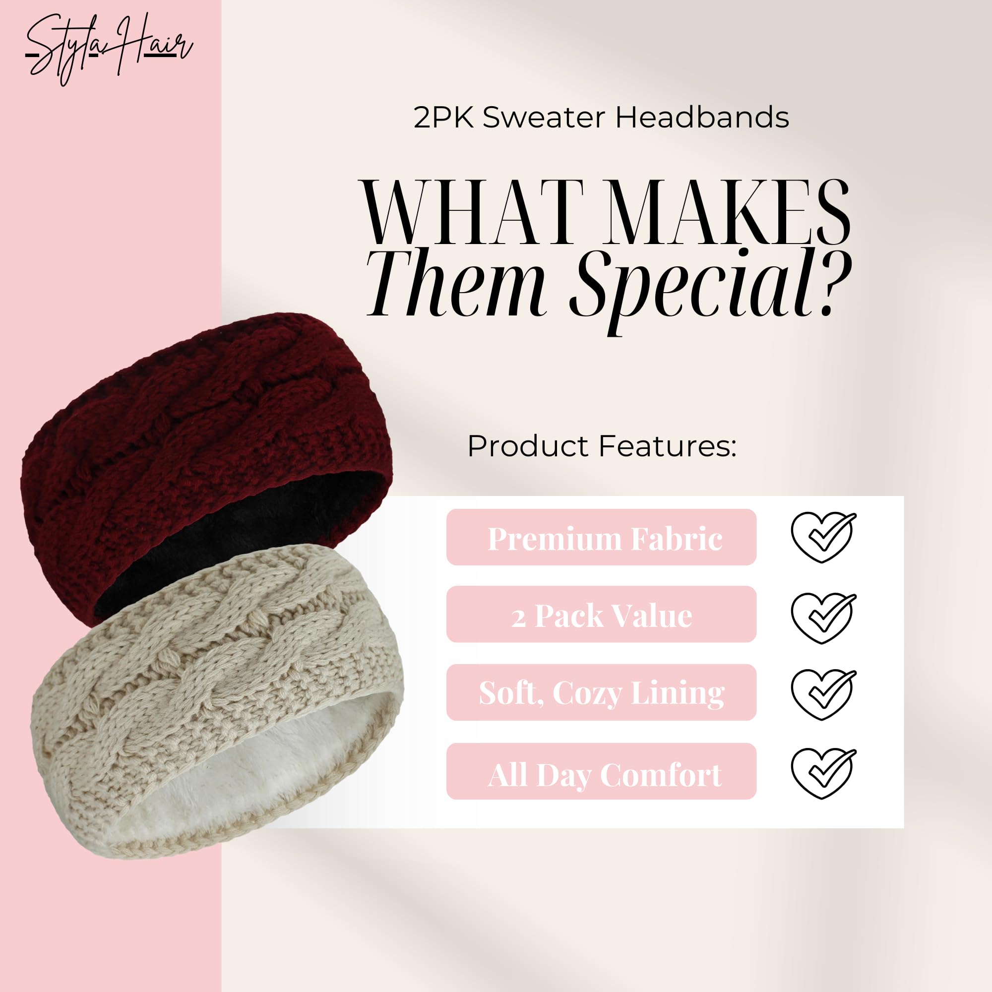 Styla Women's Knit Headbands with Fleece Lining - 2 Pack Warm Winter Ear Muffs Headband Set (Burgundy & Beige) for Outdoor Activities, Running, Skiing & Cold Weather Protection