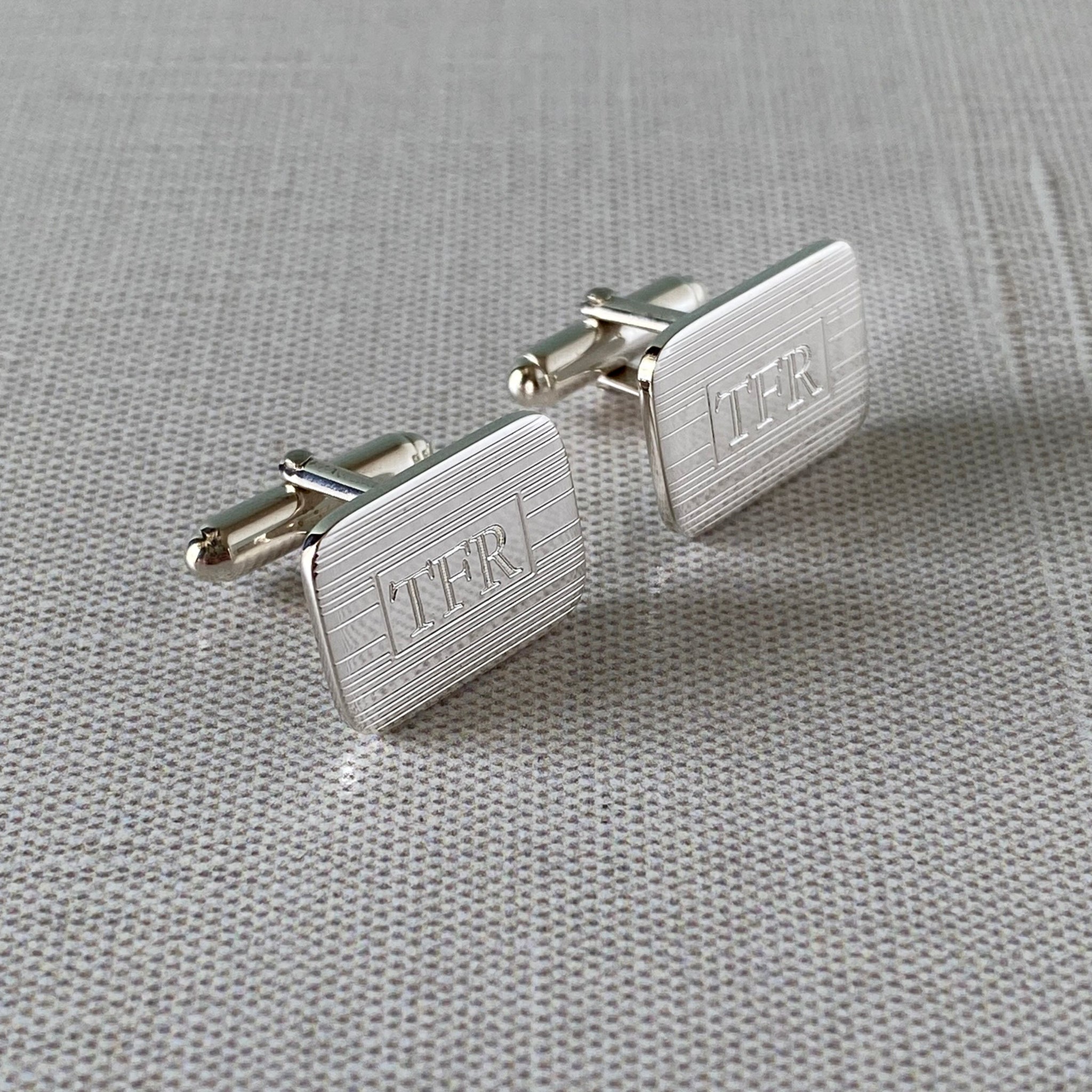 Elegant Sterling Silver Engine Turned Rectangle Cushion Cufflinks for Men - Perfect for Weddings, Formal Events & Business Attire