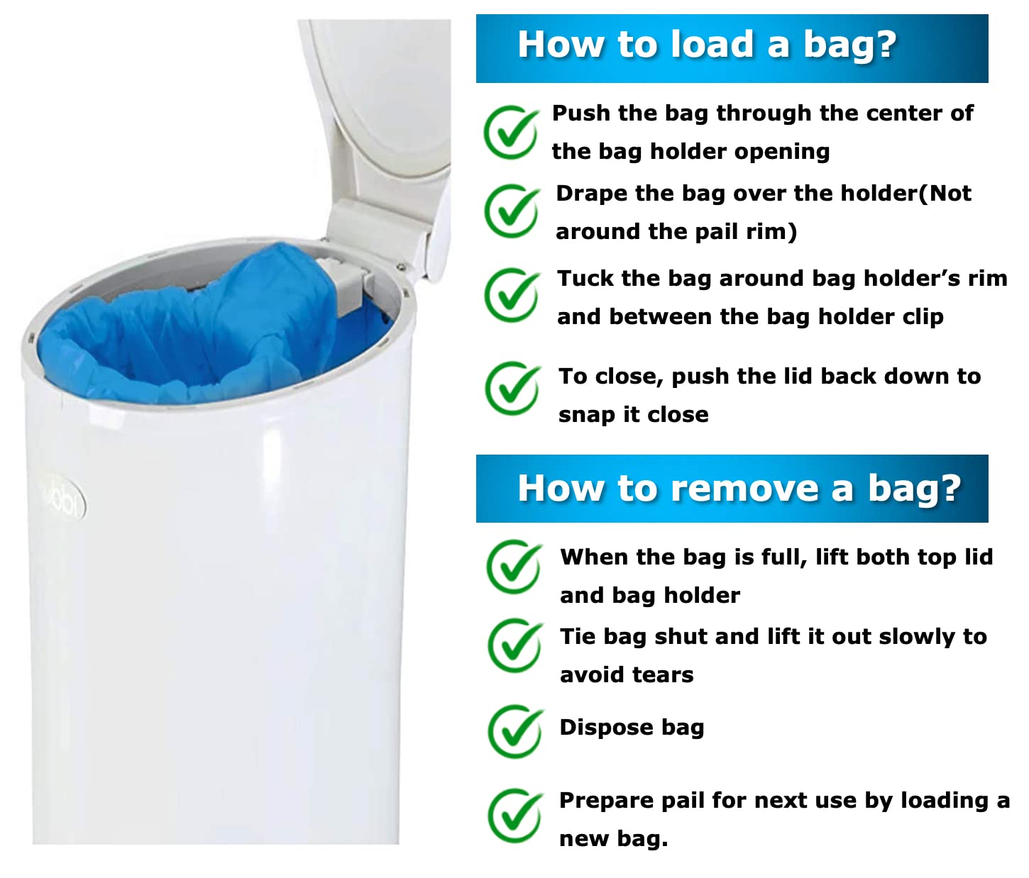 Ubbi Diaper Pail Refill Bags - 100 Count Heavy Duty Disposable Plastic Bags (13 Gallon/8 Gallon Capacity) | Compatible with Diaper Pails & Kitchen Trash Cans | Perfect for Nursery, Baby Room & Household Waste Disposal