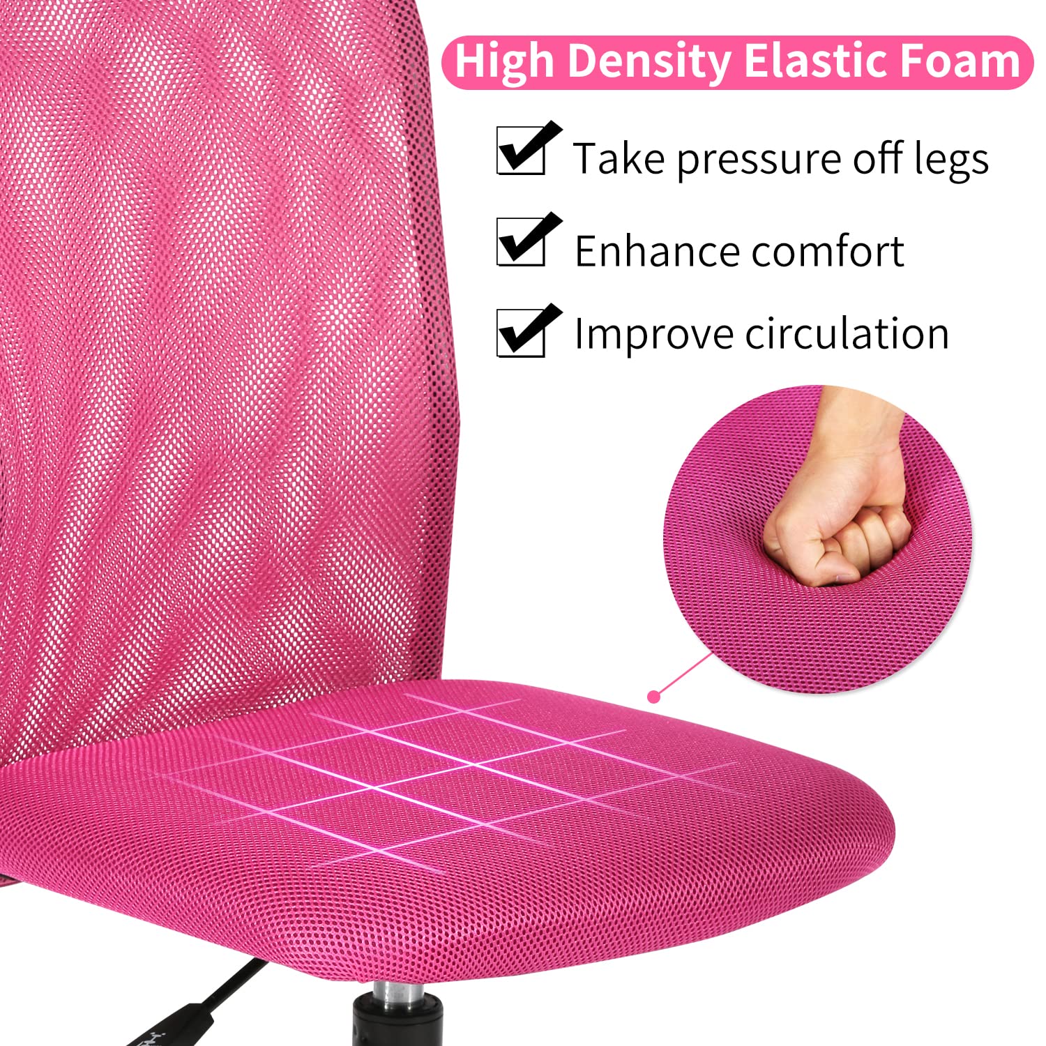 Ergonomic Armless Office Chair - Adjustable Height Mesh Computer Desk Chair with Lumbar Support, Rolling Swivel Task Chair for Small Spaces, Pink | Perfect for Home Office, Gaming & Workspace Comfort
