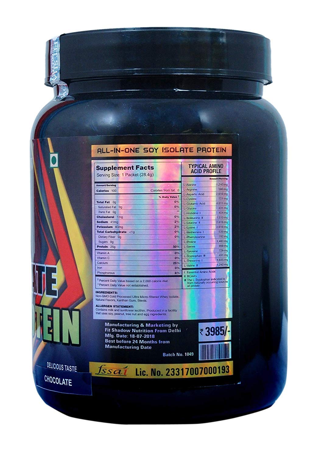 FIT SHADOW 90% Soy Isolated Protein Powder - Strawberry Flavor, Sugar Free, Low Carb, Low Fat Protein Supplement for Men, Women & Beginners (1kg/2.2lbs) - Perfect for Post-Workout Recovery & Muscle Building