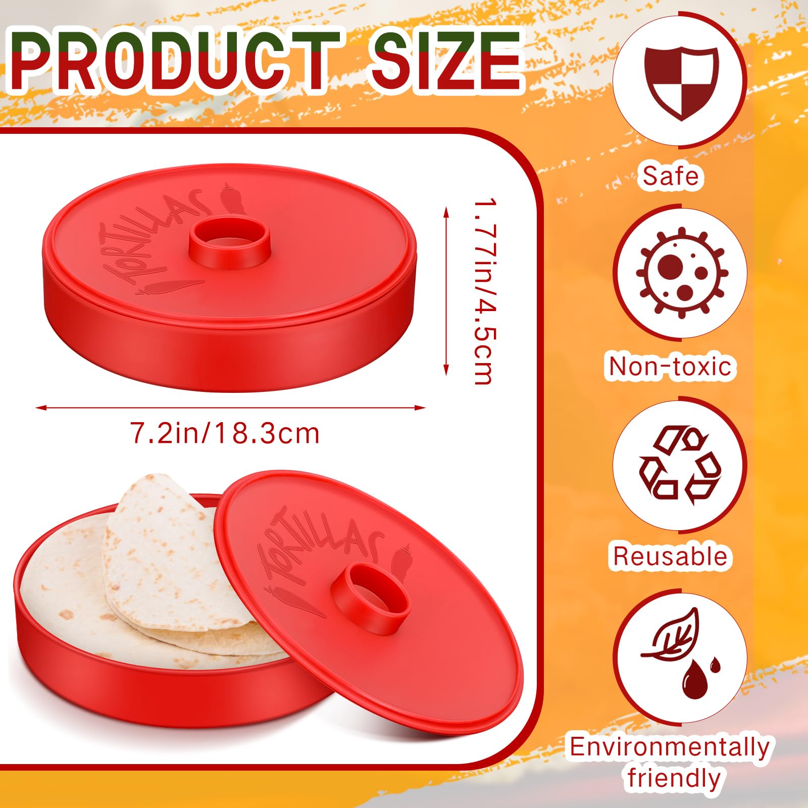 Nuogo 4-Pack 7.2 Inch Tortilla Warmers - Red Microwave & Dishwasher Safe Tortilla Storage Containers with Lids - Large Taco & Pancake Warmer for Keeping Food Warm - Perfect for Taco Nights, Breakfast Buffets & Meal Prep